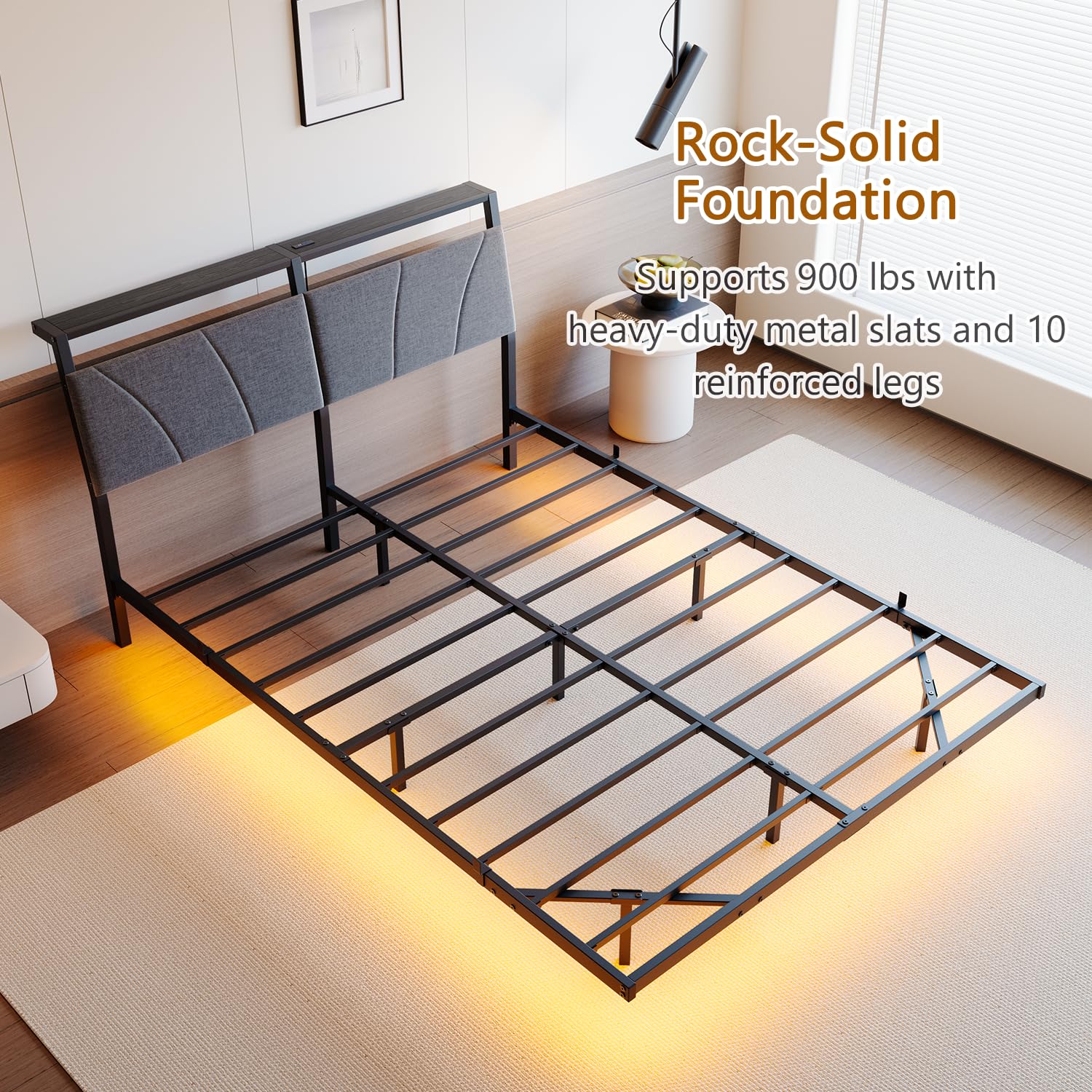 HOJINLINERO Bettgestell 140x200cm Bett mit LED Ladestation & Beleuchtung,Metallbett 140x200 mit Stauraum,Bettrahmen mit Lattenrost,Schwebender visueller Effekt