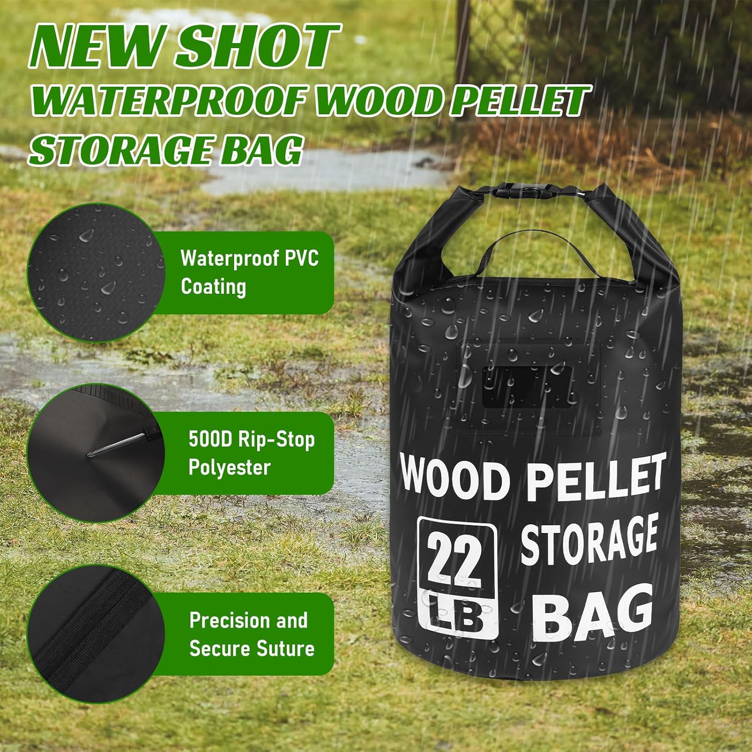 2PCS 22LB Waterproof Wood Pellet Storage Bag - Dual Handles, Label Pocket, Portable BBQ Wood Pellet Bin Storage Containers, Stay Dry Pellet Grill Accessories for Fuel, Charcoal, Wood Chips