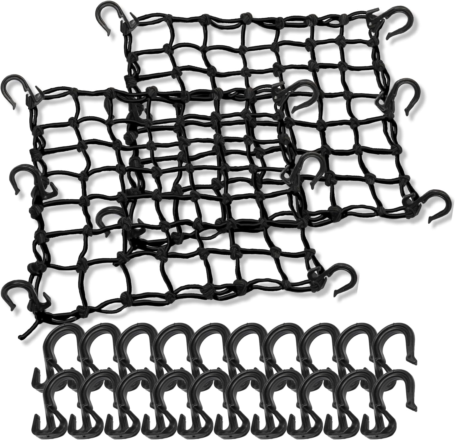 2 Pack 15"X15" Motorcycle Cargo Net Stretches to 30"x30", 2"x2" Tight Mesh,Total 20 Hooks, Cargo Nets for Motorcycle Luggage Bike Basket, Luggage Rack ATV Rack Snowmobile Cargo Helmet Net