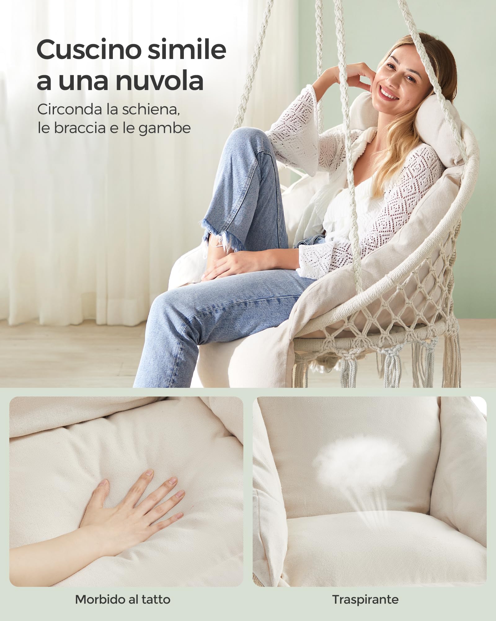 SONGMICS Sedia Altalena, Sedia Amaca, Cuscino Ben Imbottito, Sedia Sospesa Boho, Camera da Letto Balcone Giardino Soggiorno, Regge 120 kg, Accessori Inclusi, Bianco Crema GDC042M01
