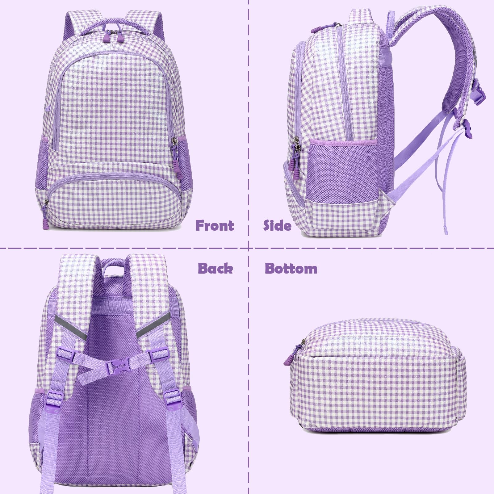Zaino per ragazze a scacchi glitterati, 3 in 1, a scacchi, viola, con borsa per il pranzo, astuccio e cinturino toracico, per scuola materna e elementare