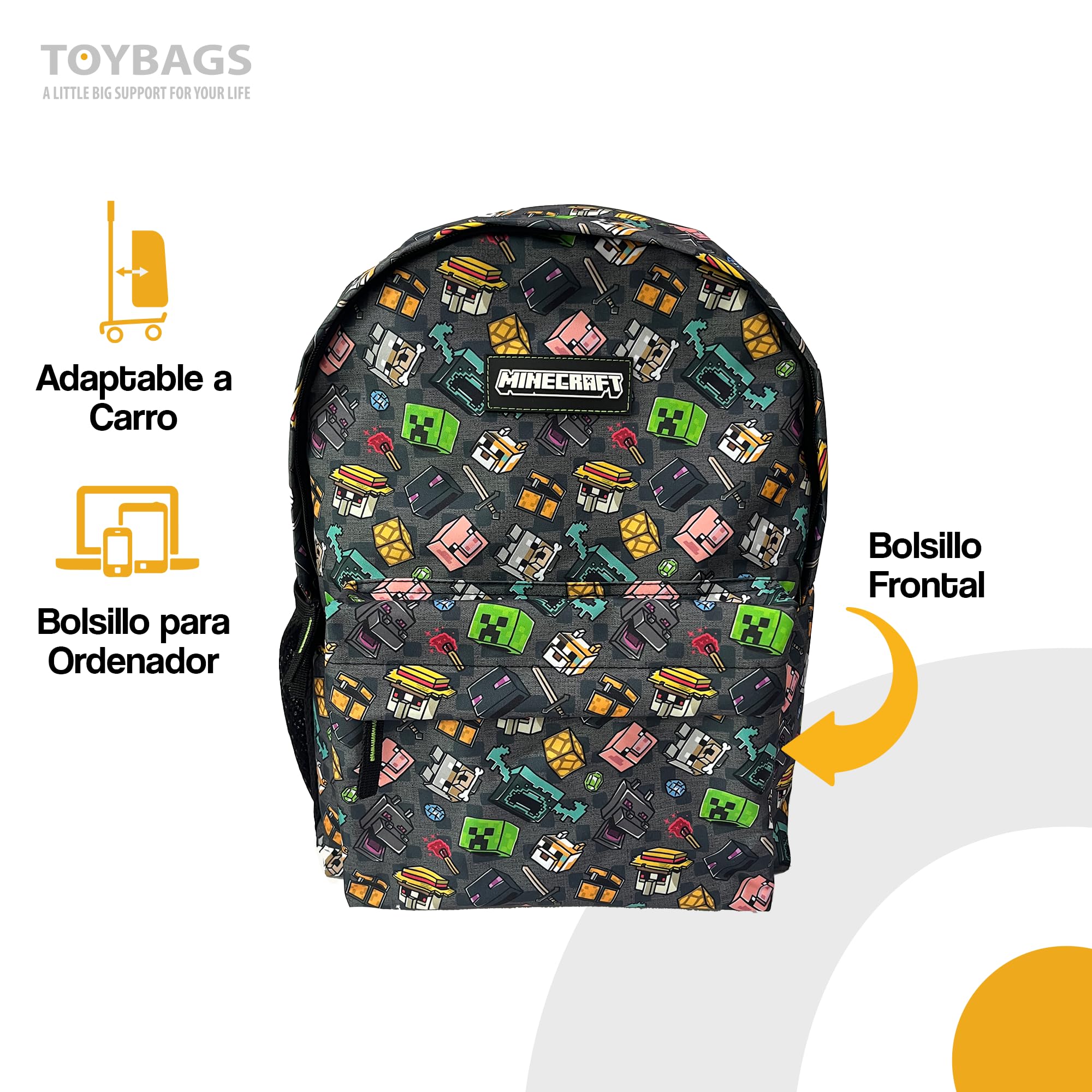 ToyBags Mochila Escolar Minecraft Pixel 25 Adaptable a Carro con Espaldera Acolchada y Compartimento Portalaptop 42 x 31 x 13.5 cm