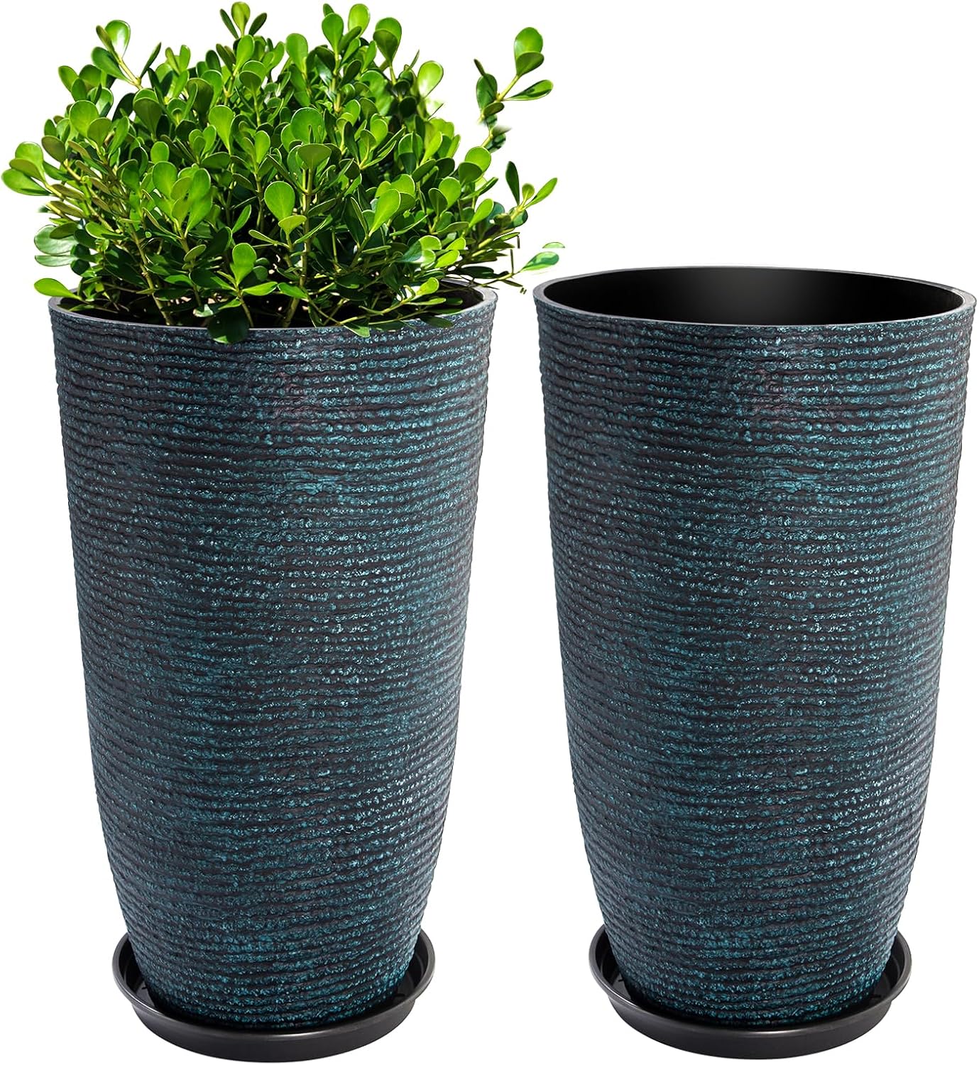 QCQHDU Large Tall Blue Planters with Saucer - 9 Gallon 12" Diameter x 21" H Faux Stone Round Pots for Indoor Plants, Outdoor Patio & Porch Decor, Heavy Duty Weatherproof Plant Containers Blue 21IN
