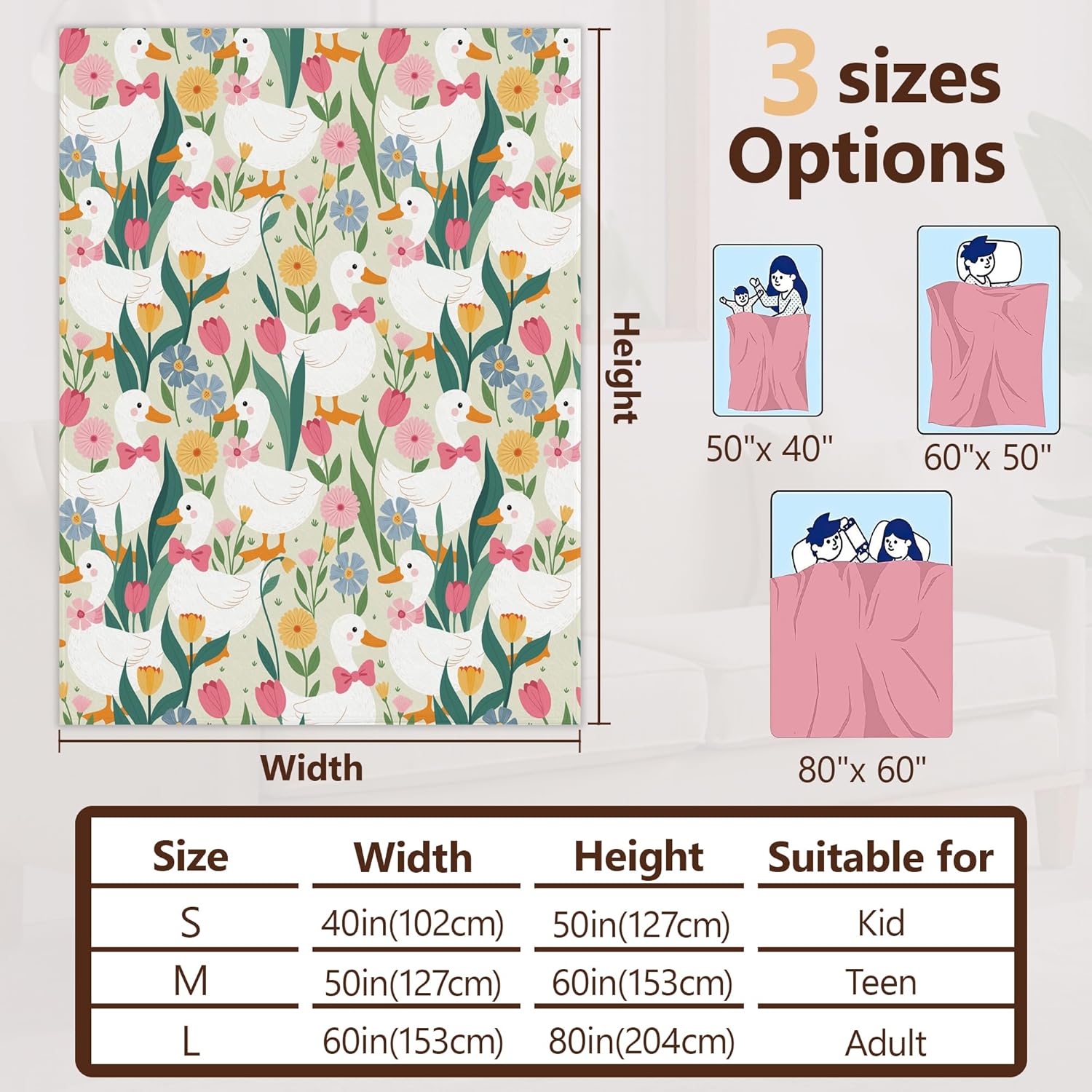 Cute Goose Sofa Throw Blankets,Pink Flowers Soft Cozy Fuzzy Lightweight Travel Blanket,Flannel Fleece Fall Throw Blanket for Couch,Bed,Camping,Movie Nights,Watching TV 50 X 60 Inch - Image 2
