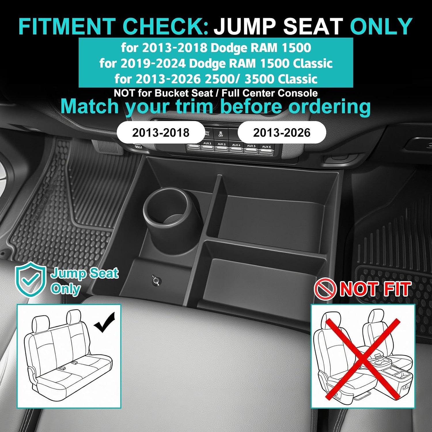 Center Console Floor Organizer for 2013-2018 Dodge Ram 1500 & 2019-2024 Ram 1500 Classic & 2013-2026 Ram 2500 3500 Accessories, Beach Seat Storage Box Tray with Cup Holder (Not for 2019-2026 New Body)