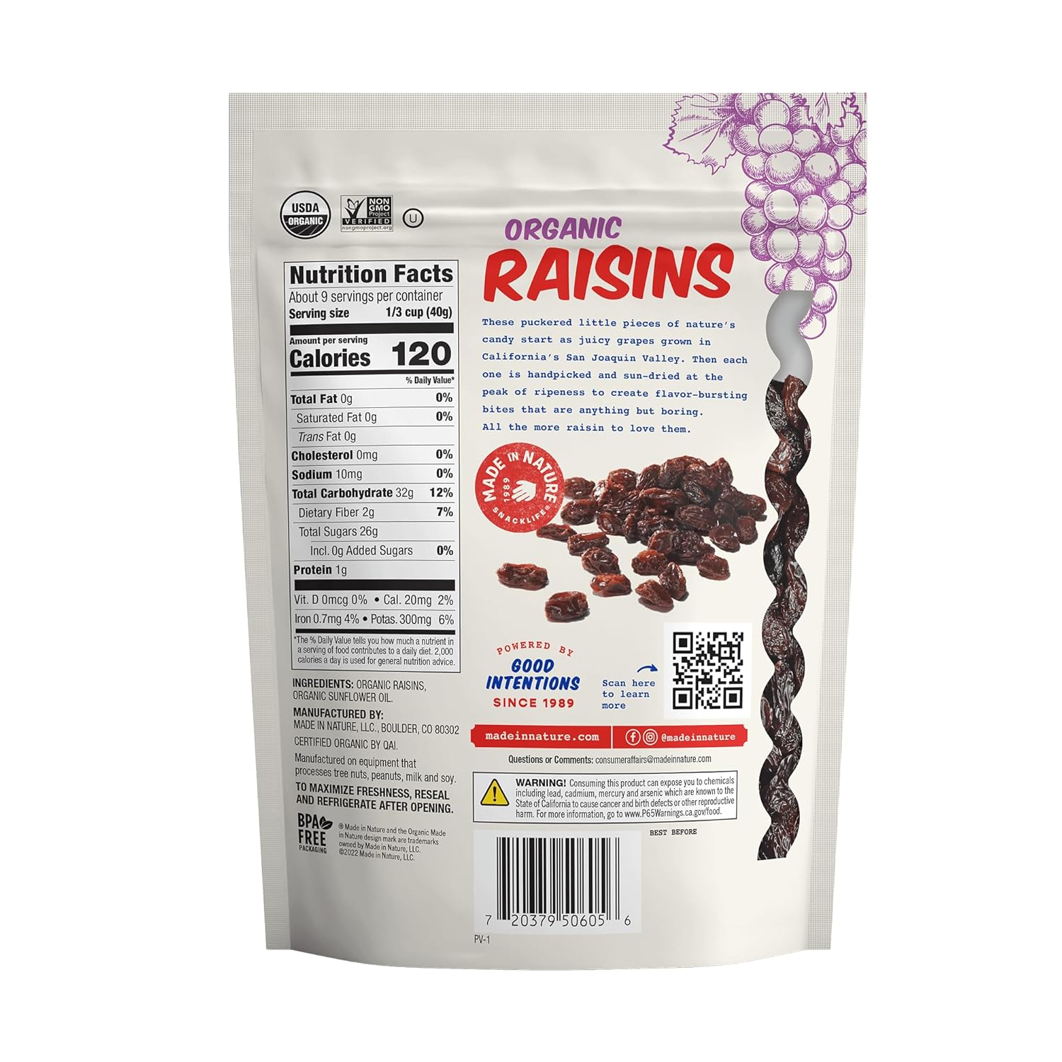 Made In Nature Organic Dried Raisins, 12 Ounce (Pack of 6) – Vegan Snack, Non-GMO, Kosher