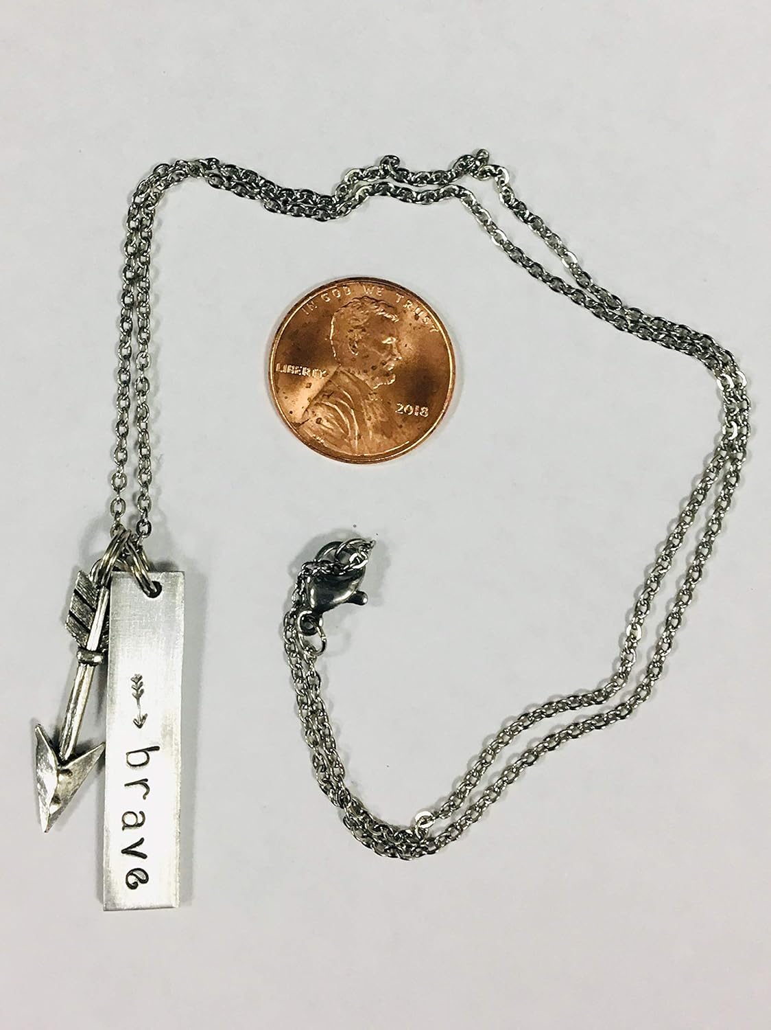 Brave Handstamped Resolution Bar Pendant with Arrow Charm, on an 18 inch stainless steel link chain - Image 2