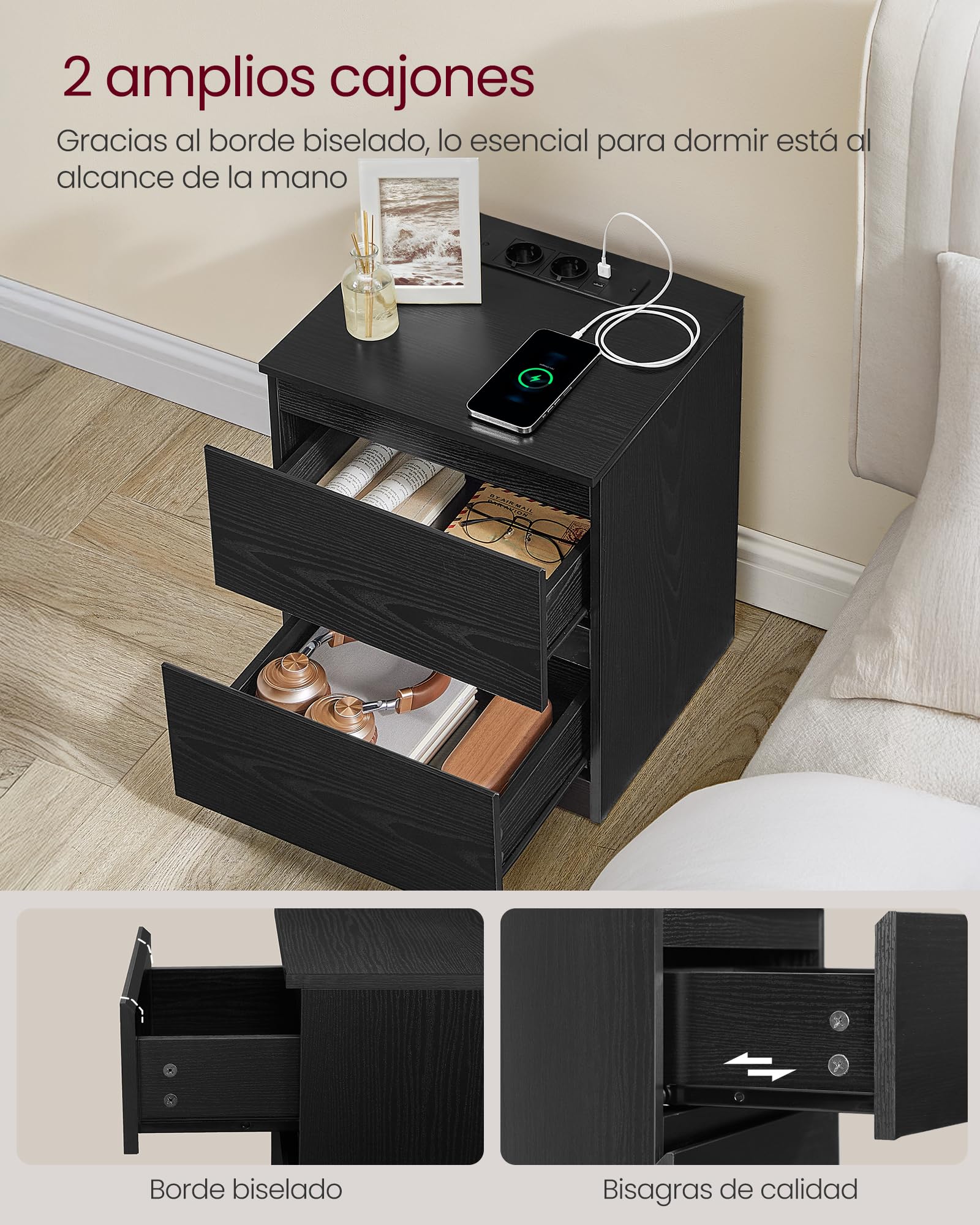 VASAGLE KAILYN Colección - Juego de 2, Mesita de Noche con Regleta de Enchufes, Mesa Auxiliar, 2 Cajones, 2 Tomas AC, 2 Puertos USB-A, Salón, Dormitorio, Negro Ébano LET821B02