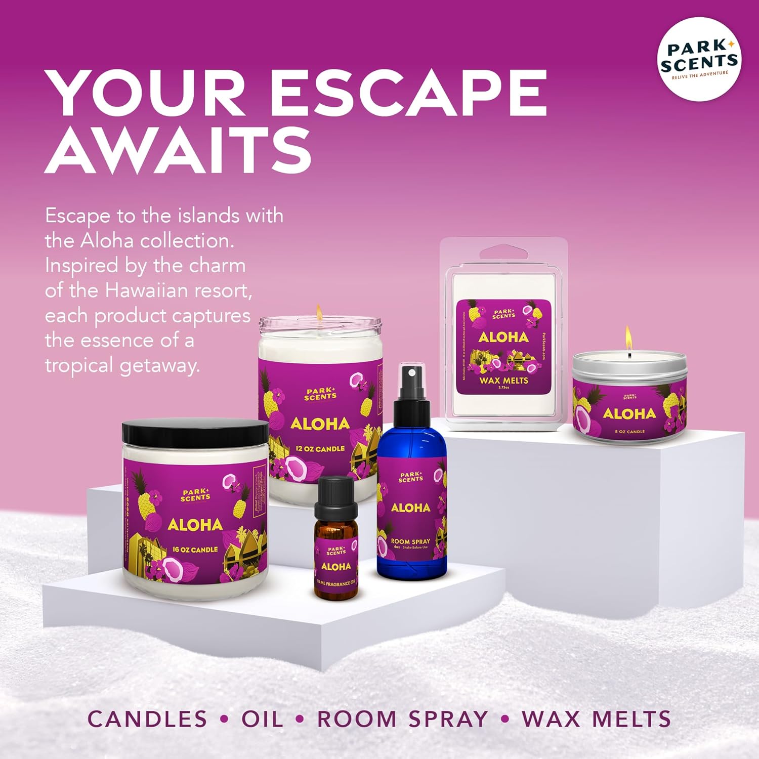 Park Scents Aloha – Hawaii Resort Theme Park Luxury Hotel Candle – Coconut, Pineapple, Tropical Florals & Vanilla – Vegan Soy Wax Candles – Birthday Gifts for Women, Hostess, Sister (16 oz. Glass Jar)