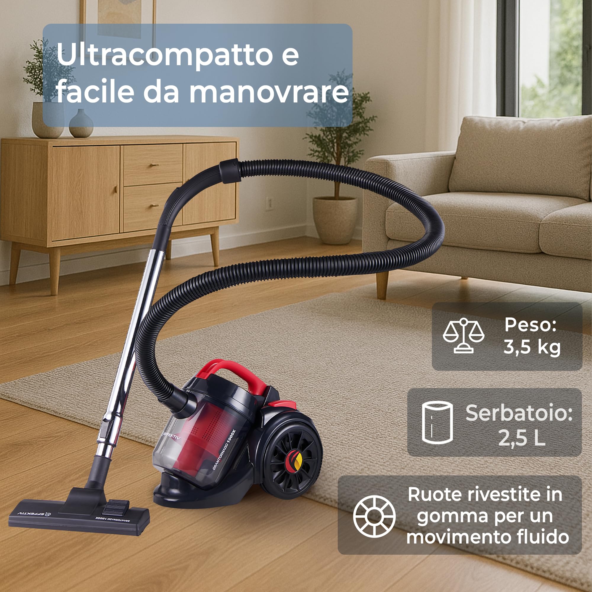 EFFEKTIV Aspirapolvere senza Sacco GranTornado 1000X, Aspirapolvere Potente Compatto Ciclonico 1200W, Potenza di Aspirazione 85000Pa, Capacità 2.5Litri, 76dB, Filtro HEPA, Cavo 3m, Per Peli Animali