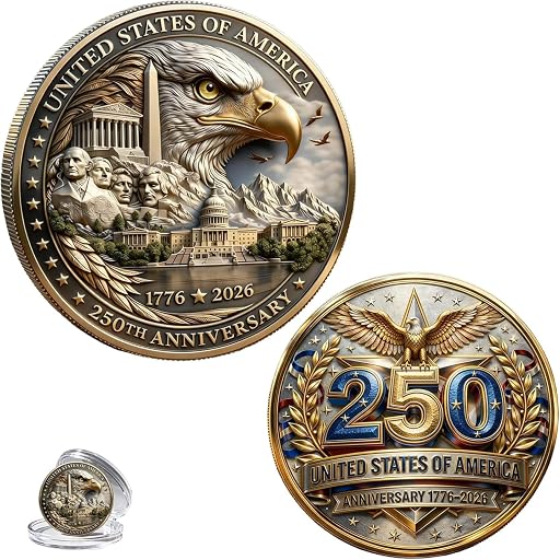 Generic USA 250th Anniversary Coin 1776-2026 3D America 250 Merchandise for Patriotic Celebration 4th of July Independence Day Gifts for Veterans & History Lover