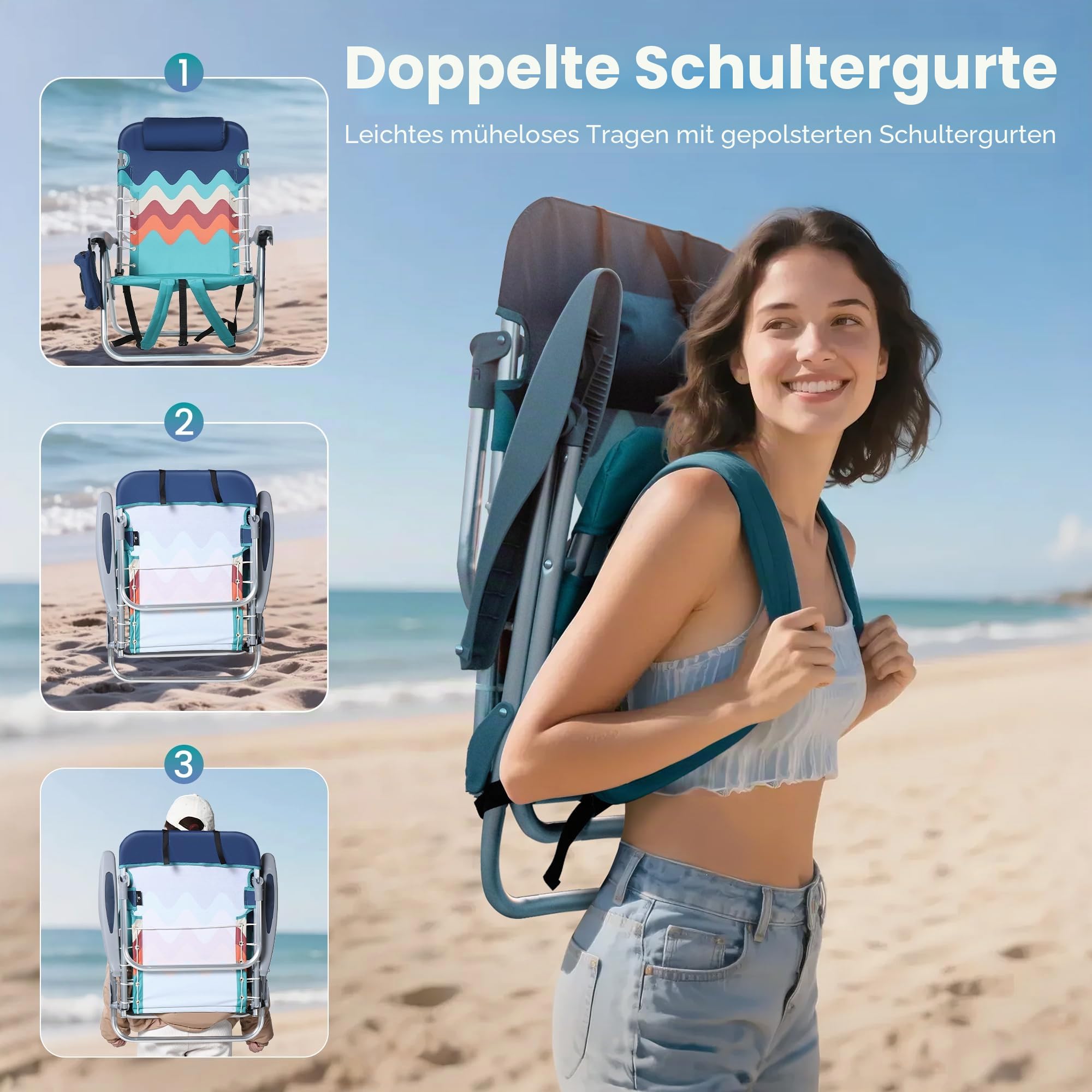 HIGH Point Sports Klappbarer Rucksack Strandstuhl-Set aus 2 STK Blau | Leichter Tragbarer Liegestuhl mit 250kg Tragfähigkeit, Campingstühle mit 4 Positionen für Erwachsene