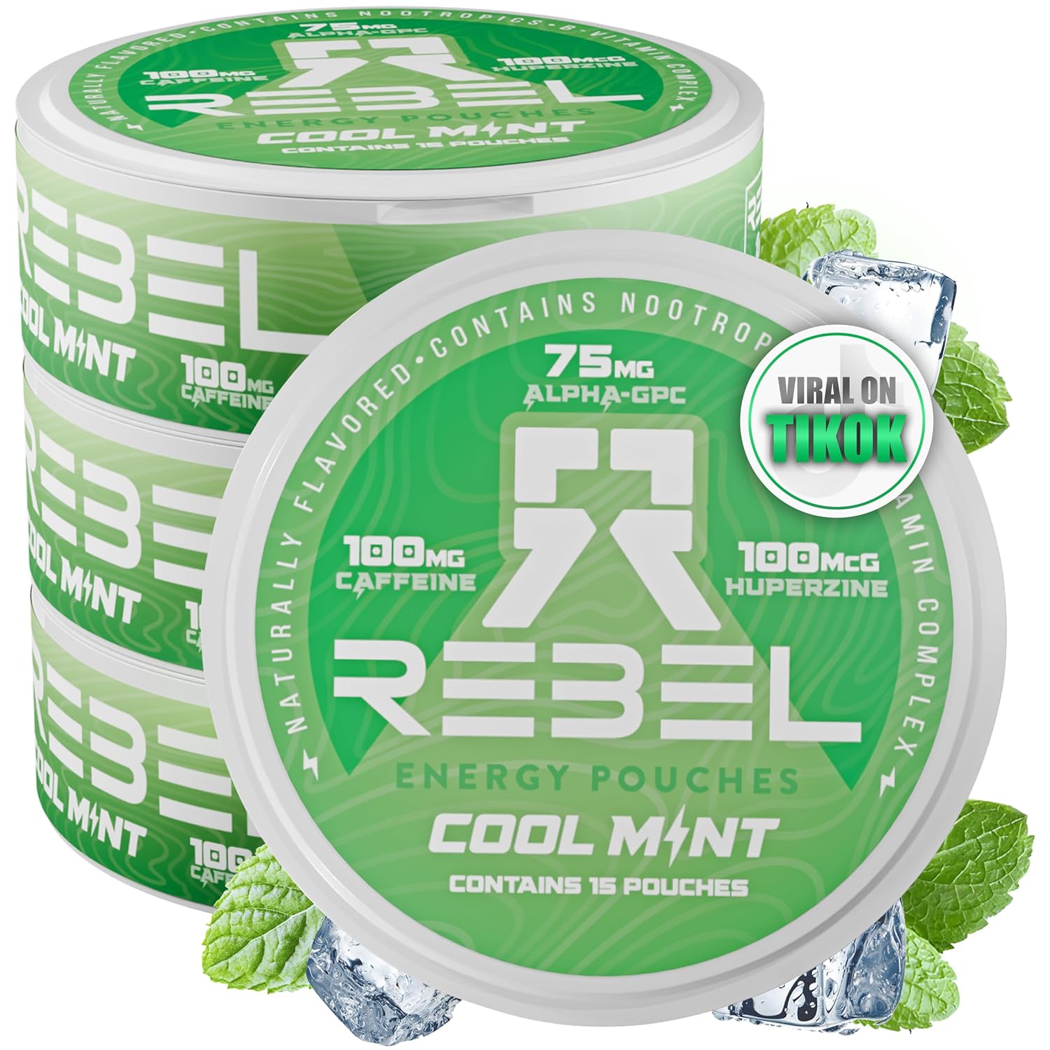 Nootropic Energy Caffeine Pouches • 100mg Caffeine • Alpha GPC • Huperzine A & Essential Vitamins • Sugar-Free • Coconut Fiber Technology • Cool Mint Flavor • 15 Pouches Per Can (Pack of 4)
