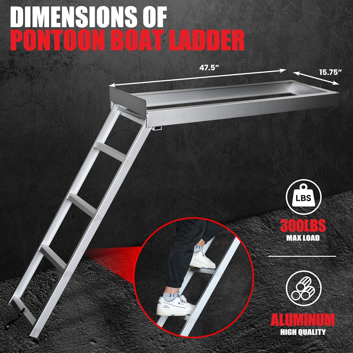 Aluminum Pontoon Boat Ladder 4 Steps, 300Lbs with Non-slip Design, Heavy Duty Self Storing, Silver