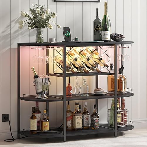 Mesa de café con gabinete de vino, enchufe de energía y luz LED, mesa de bar de café de tres niveles, estante de vino, barra de licor con gran Negro