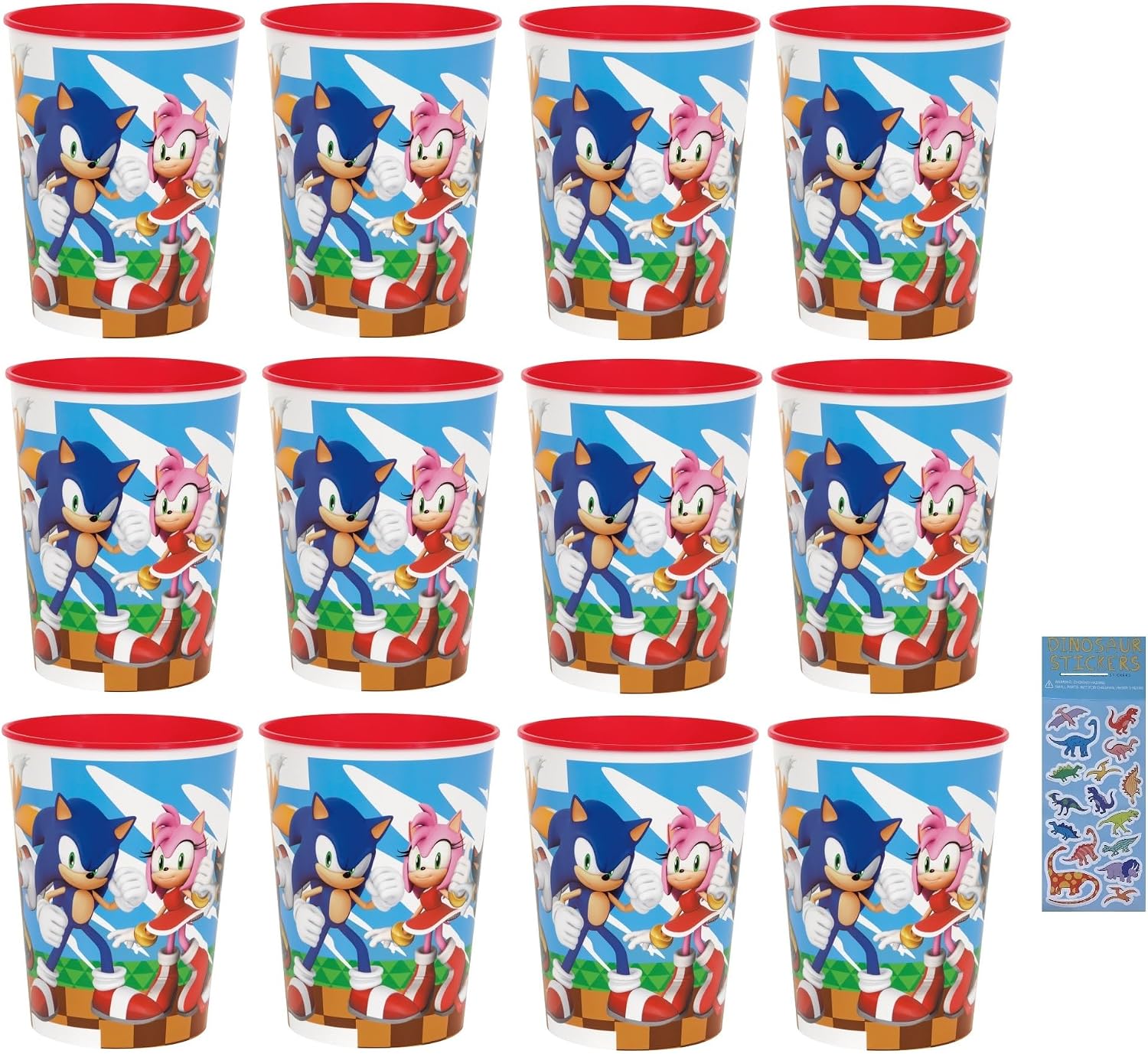 Unique Sonic the Hedgehog Birthday Party Supplies Bundle includes 12 Plastic Reusable Cups 16oz and 1 Dinosaur Sticker Sheet
