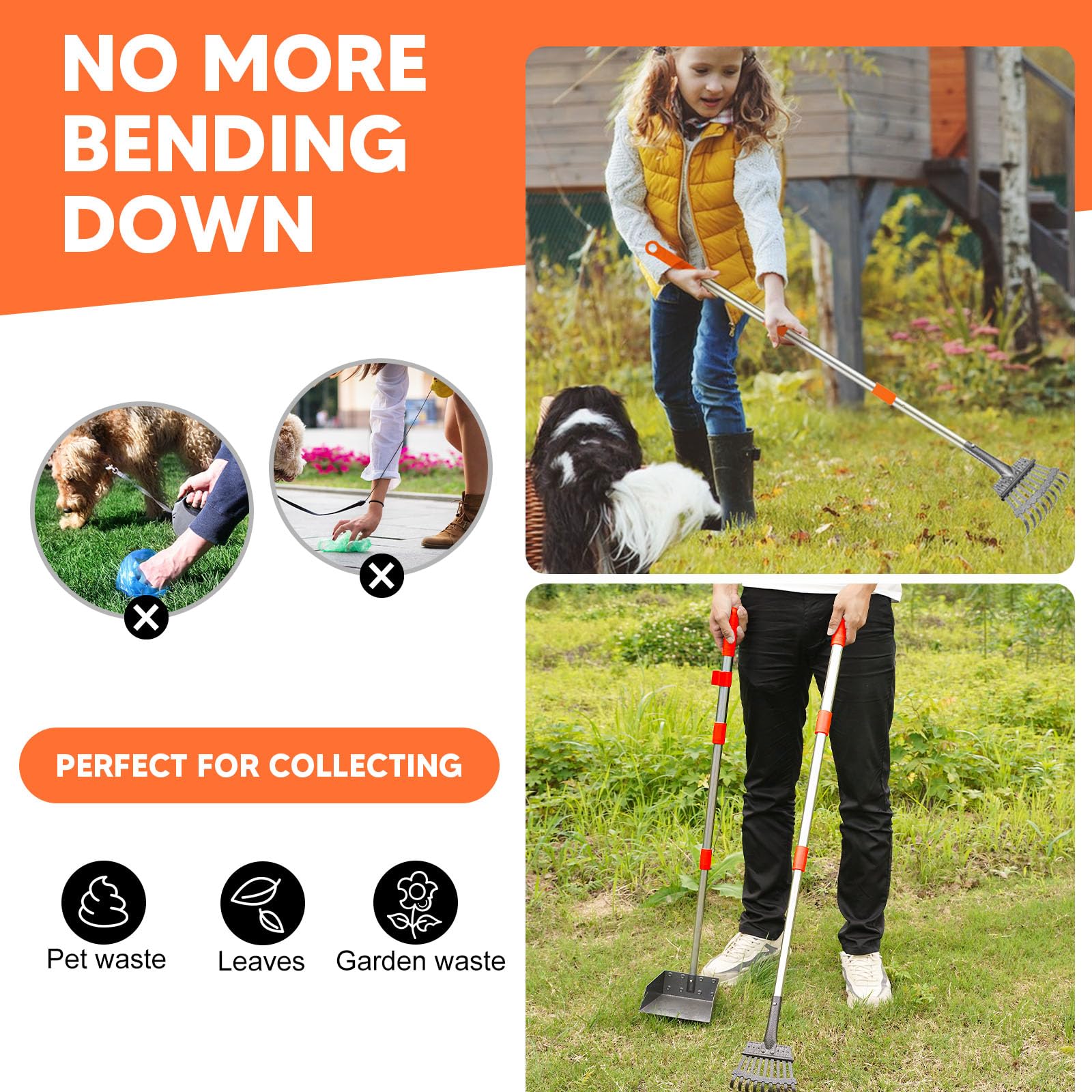 Furggis Dog Pooper Scooper,Tray and Rake Set Poop Scooper for Dogs Adjustable Long Handle Metal Pooper Scooper for Pet Waste Removal No Bending Clean Up for Medium and Large Dogs - Image 2