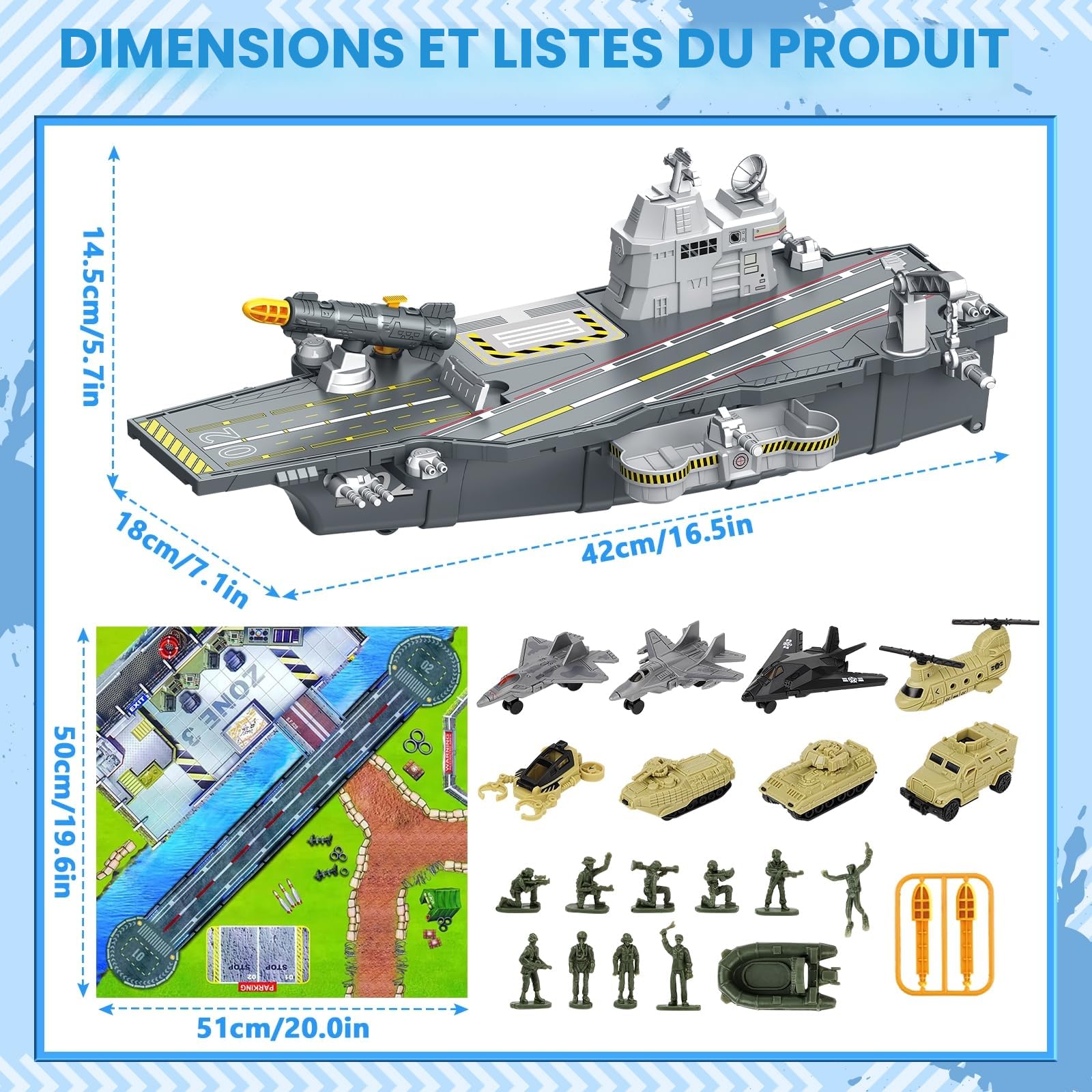 deAO Porte-Avions De Jouet, Navire Militaire avec 10 Soldats, Hélicoptères, Chars, Maquette De Bateau Cuirassé, Kit de Jouets Militaires Cadeau pour Enfants 3-12 Ans