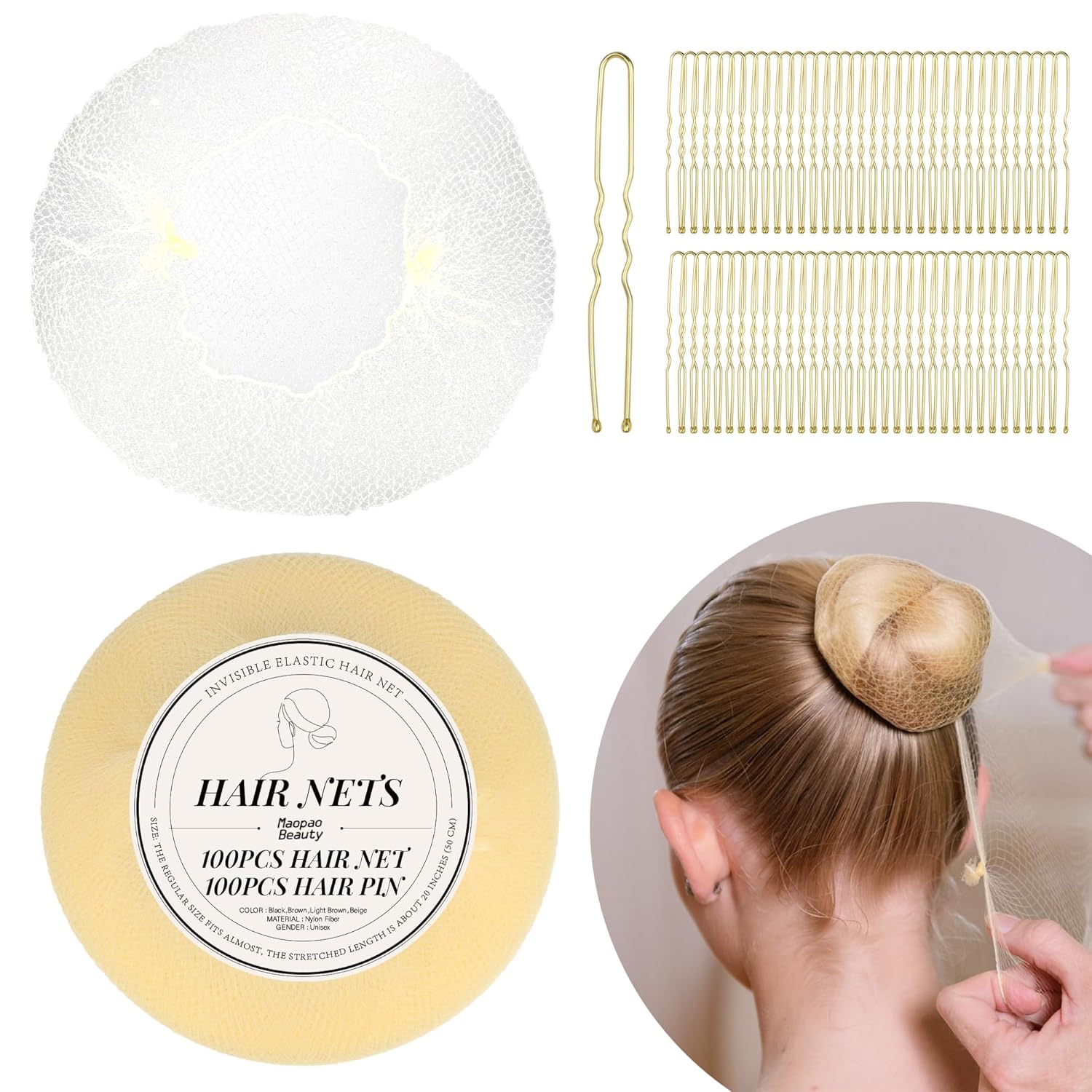 200pcs Ballet Hair Bun Cover Sets, 100Pcs 50cm Nylon Invisible Hair Net Invisible Elastic Edge Mesh, 100Pcs U Shaped Pins Fits Food Service, Ballet Bun,Wig and Women(200PCS Sets,Beige) 1 Count (Pack of 200) Beige100pcsNets+100pcsClips