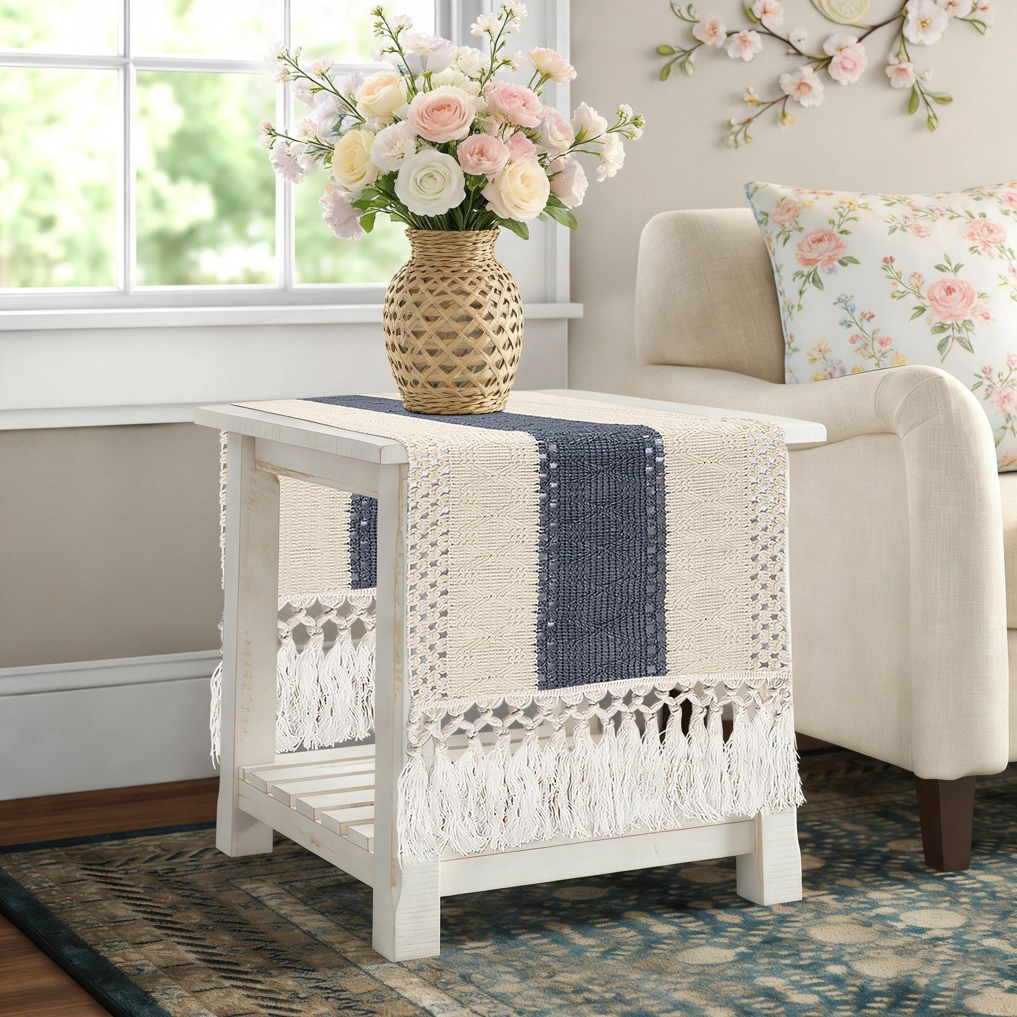 yuboo Blue and White Table Runner 36 Inches, Small Coastal Nautical Dresser Scarf, Farmhouse Coffee Table Runner for Nightstand, End Table, Beach Home