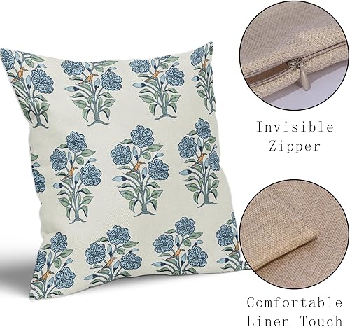 Miniatura 4 de Juego de 2 fundas de almohada con estampado de bloques florales azules de 18 x 18 pulgadas, color azul claro, verde, chinoiserie, pájaros, monzón,