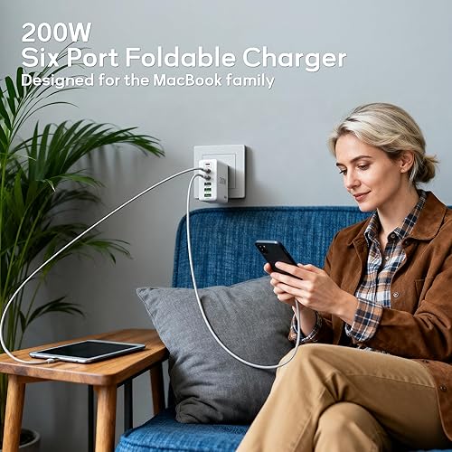 Miniatura 6 de Paquete de 2 cargadores USB C, 200 W GaN cargador súper rápido tipo C iPhone 17 16 carga rápida 6 puertos plegable PD estación de carga para todos