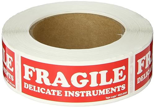 Tape Logic Aviditi Tape Logic - Calcomanía de advertencia roja y blanca "Fragile Delicate Instruments" de 1 1/2 x 4 pulgadas, para envío,