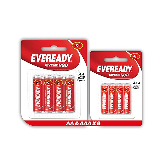 Eveready Red 1012 AAA Batteries Pack of 4 + Eveready Red 1015 AA