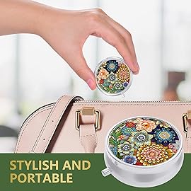 Nipichsha Pill Box, Small Pill Case for Purse & Pocket, Cute Travel Medicine Organizer, Portable Medicine Container Holder to Hold Vitamins, Medication, Fish Oil & Supplement, Mandala Flower