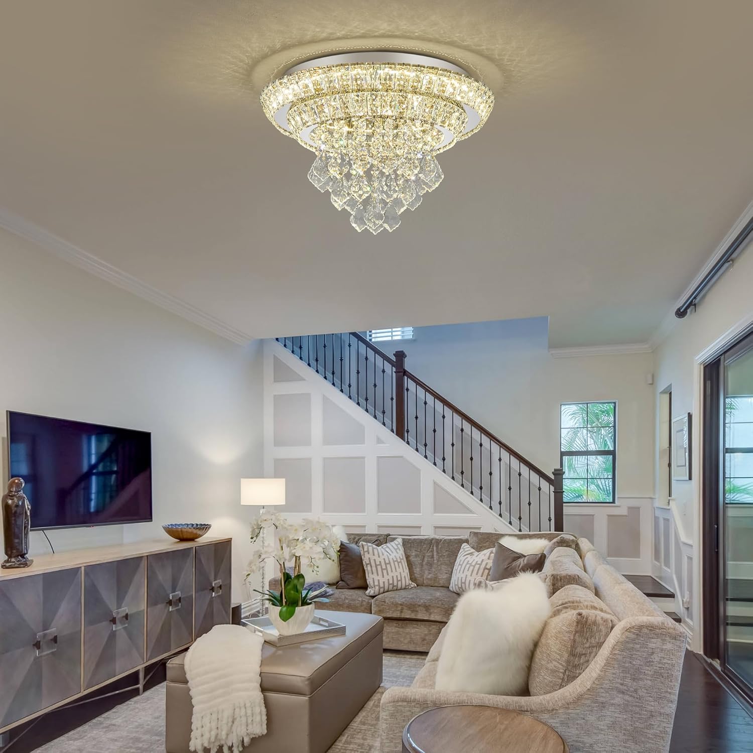 18" Flush Mount Crystal Chandelier Ceiling Light,Modern Raindrop Chandelier,Remote/APP,3-Color Dimmable Timer,Elegant LED Lighting for Dining Room Living Room-Sliver