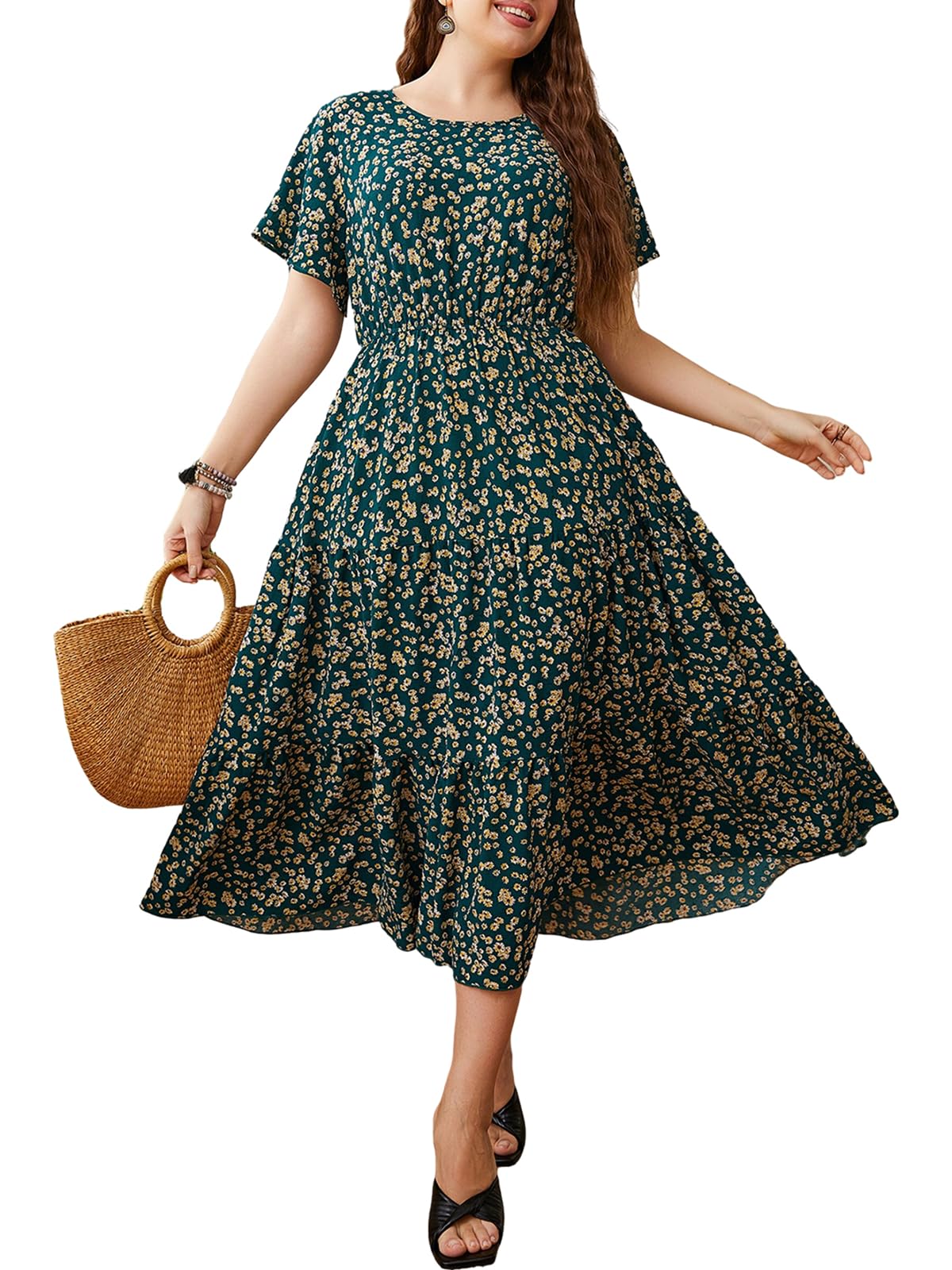 Robe d'été bohème mi-longue à manches courtes coupe fluide - 6