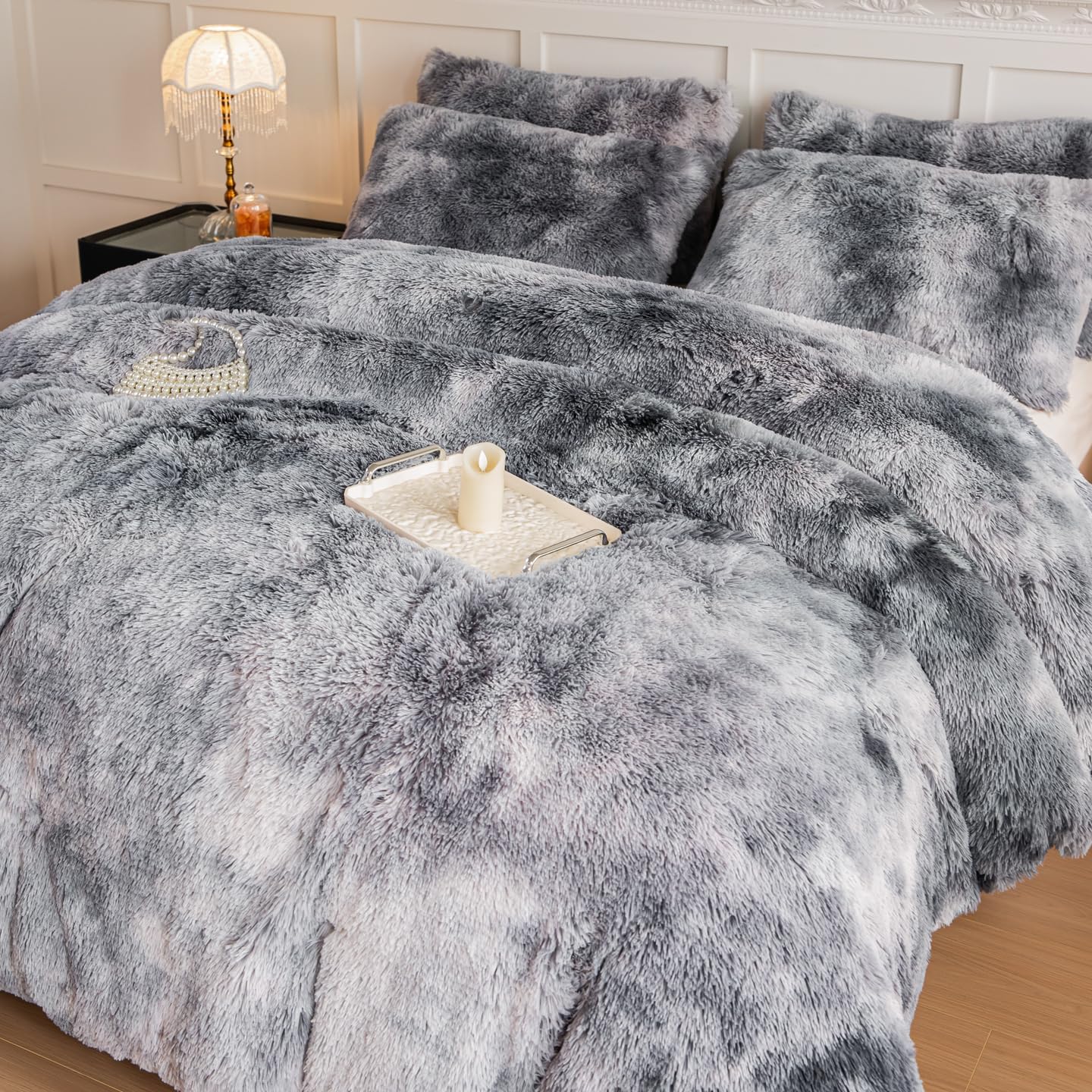 chovy Faux Fur Tie-Dyed Black White Gray Colorful Comforter Sets Queen - 3PC Bed Set Ultra Soft Plush Flannel Velvet Fluffy Fuzzy Bedding(Comforter x 1 Pillowcases x 2) - Image 4