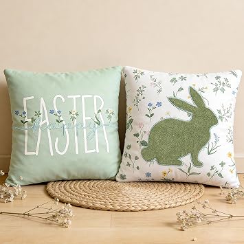 DN DECONATION Easter Pillow Covers 18x18 Inch, Spring Throw Pillow Covers Set of 2, Farmhouse Decorative Lumbar Pillows Case for Couch, Sofa, Living Room, Easter Home Green Bunny Decor