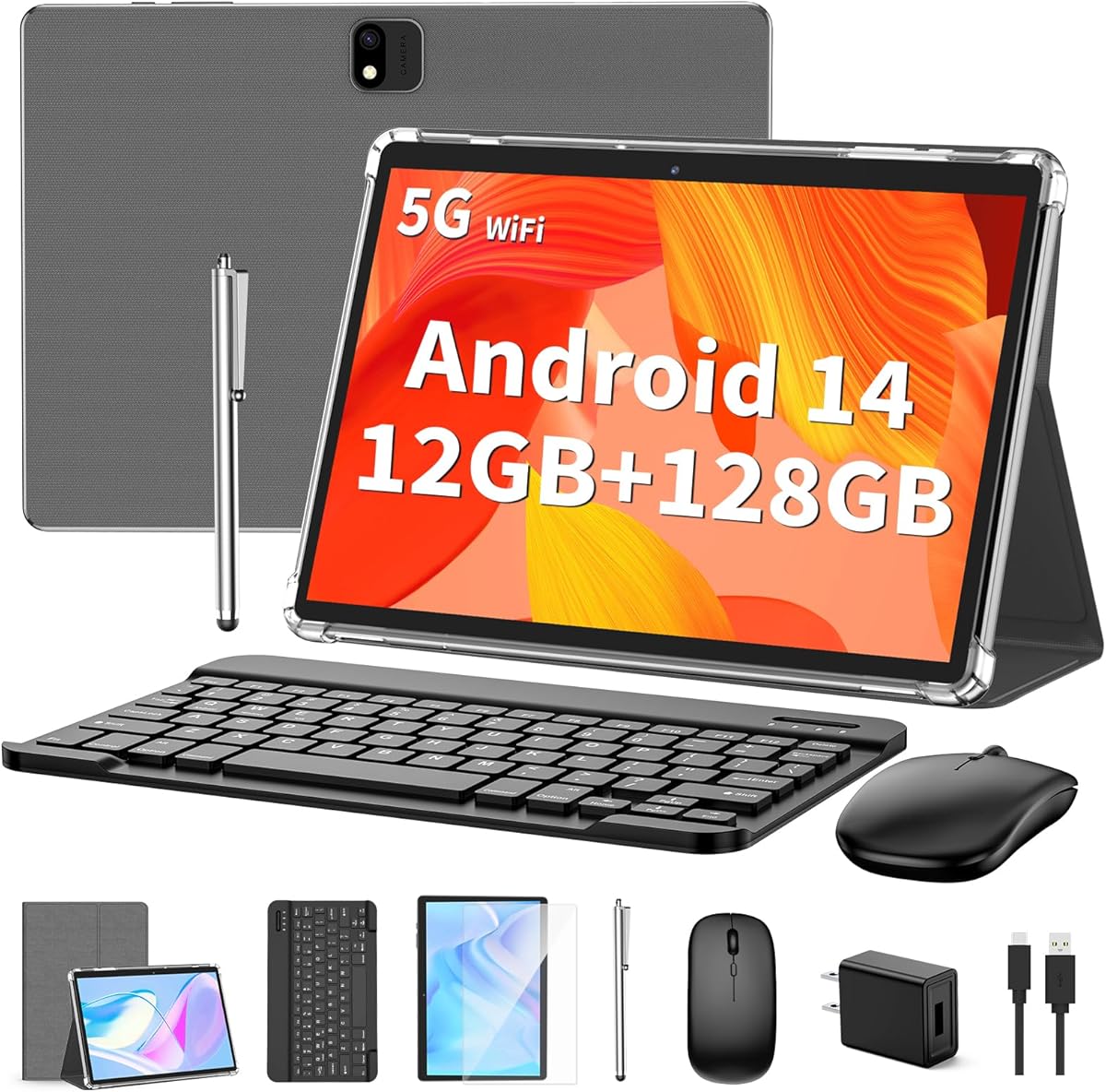 Amazon.com : QDDQ Android Tablet with Keyboard, Android 14 Tablet, 12(6+6) GB+128GB, 1TB Expand, 2 in 1, Mouse, Stylus, 8000mAh Battery, 2.4G/5G WiFi, GPS, Silver Case : Electronics
