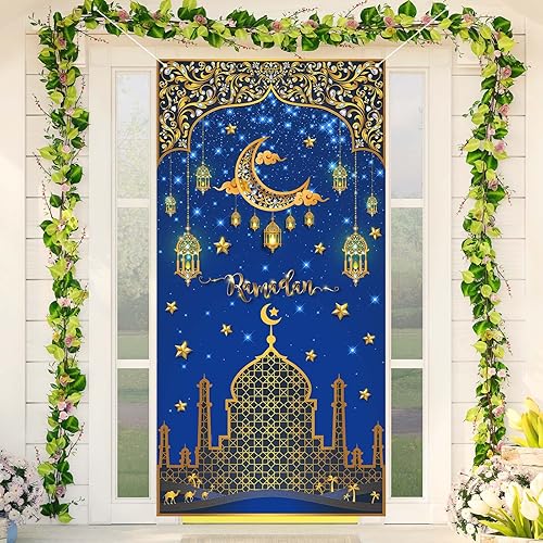 Miniatura 5 de FARMNALL Eid Ramadan Mubarak - Cubierta de puerta para Ramadán decoraciones de luna y estrella decoración islámica pancarta de puerta decoración