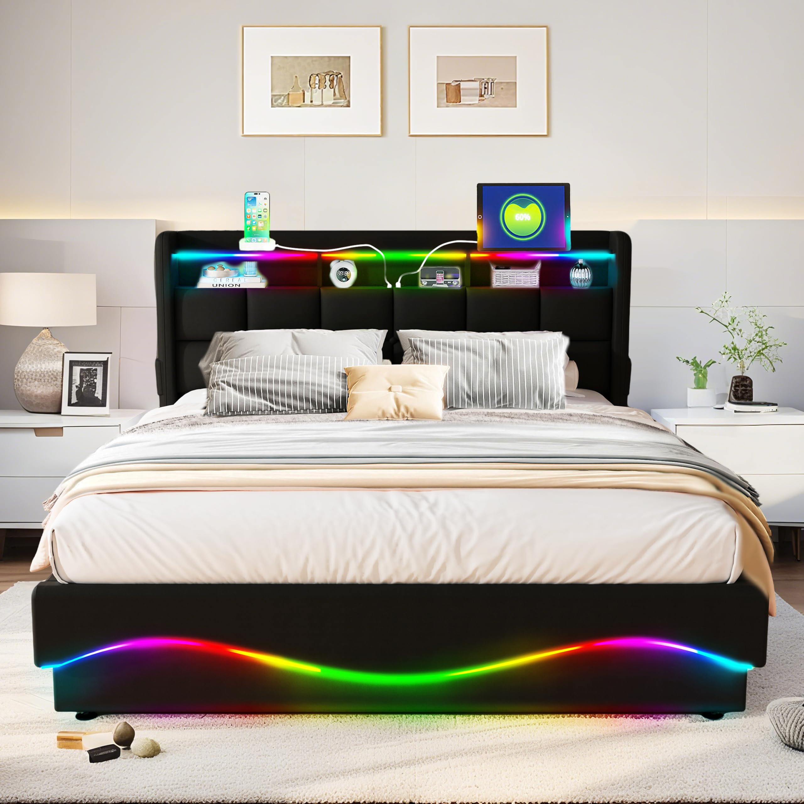 Cama de Almacenamiento Todo en Uno 140x200 cm con Luces LED, Estación de Carga USB/Type-C, Estantería para Cabecera y Gran Almacenamiento bajo la Cama, Cuero, Negro