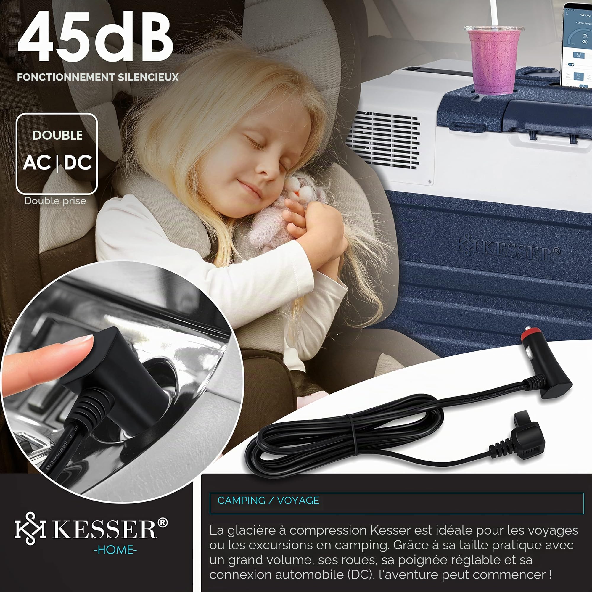 KESSER® Glacière électrique avec compresseur - 42 litres - avec Commande par Application - Port USB 12/24 V 230 V - Barre télescopique - Roues pour réfrigérateur jusqu'à -20 °C