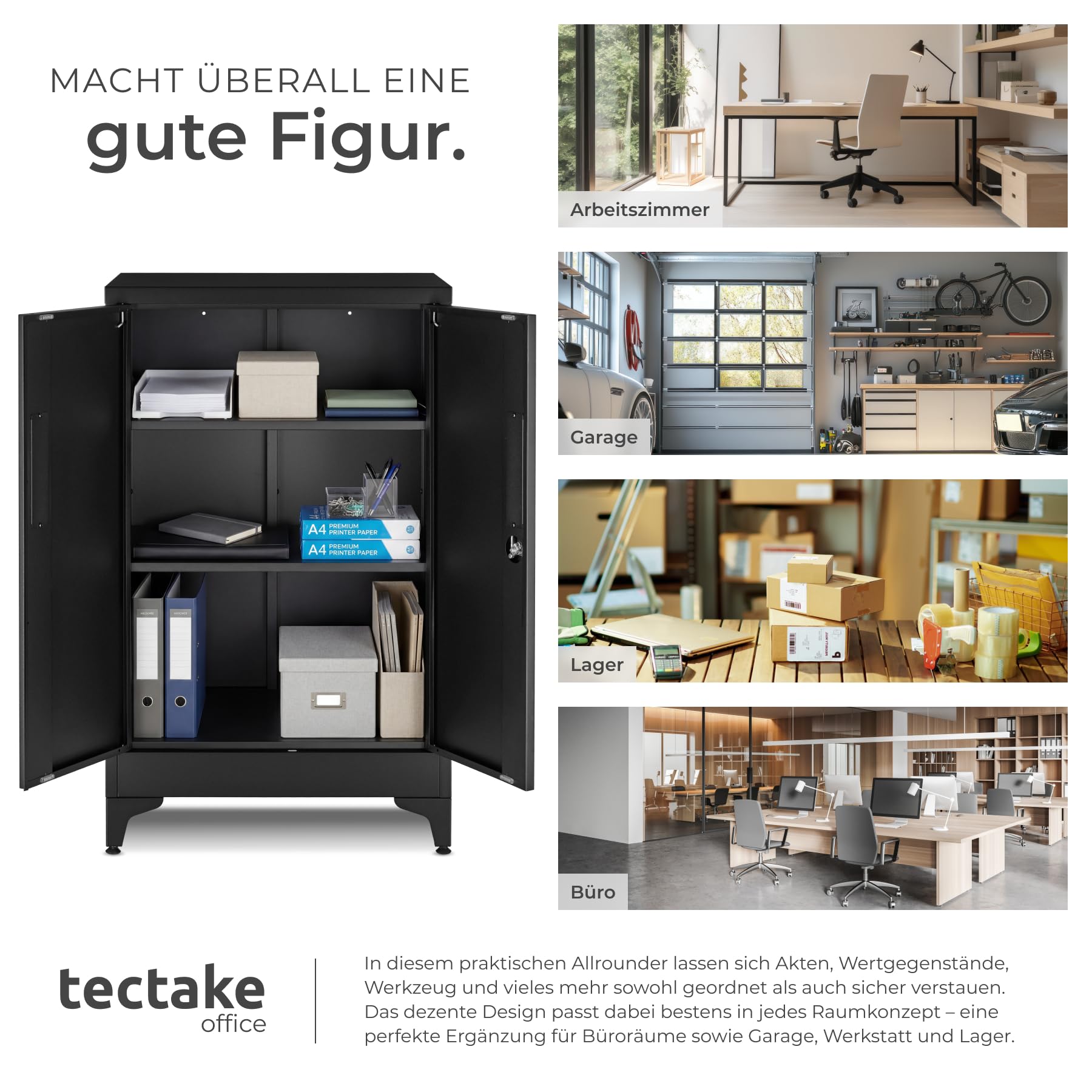 TecTake® Aktenschrank, 60 x 40 x 100 cm, 2 verstellbare Böden, abschließbar, Magnetverschluss, Kippschutz, Büroschrank, Aktenmöbel, Ordnerschrank, Büroorganisation, Arbeitsmobiliar - schwarz