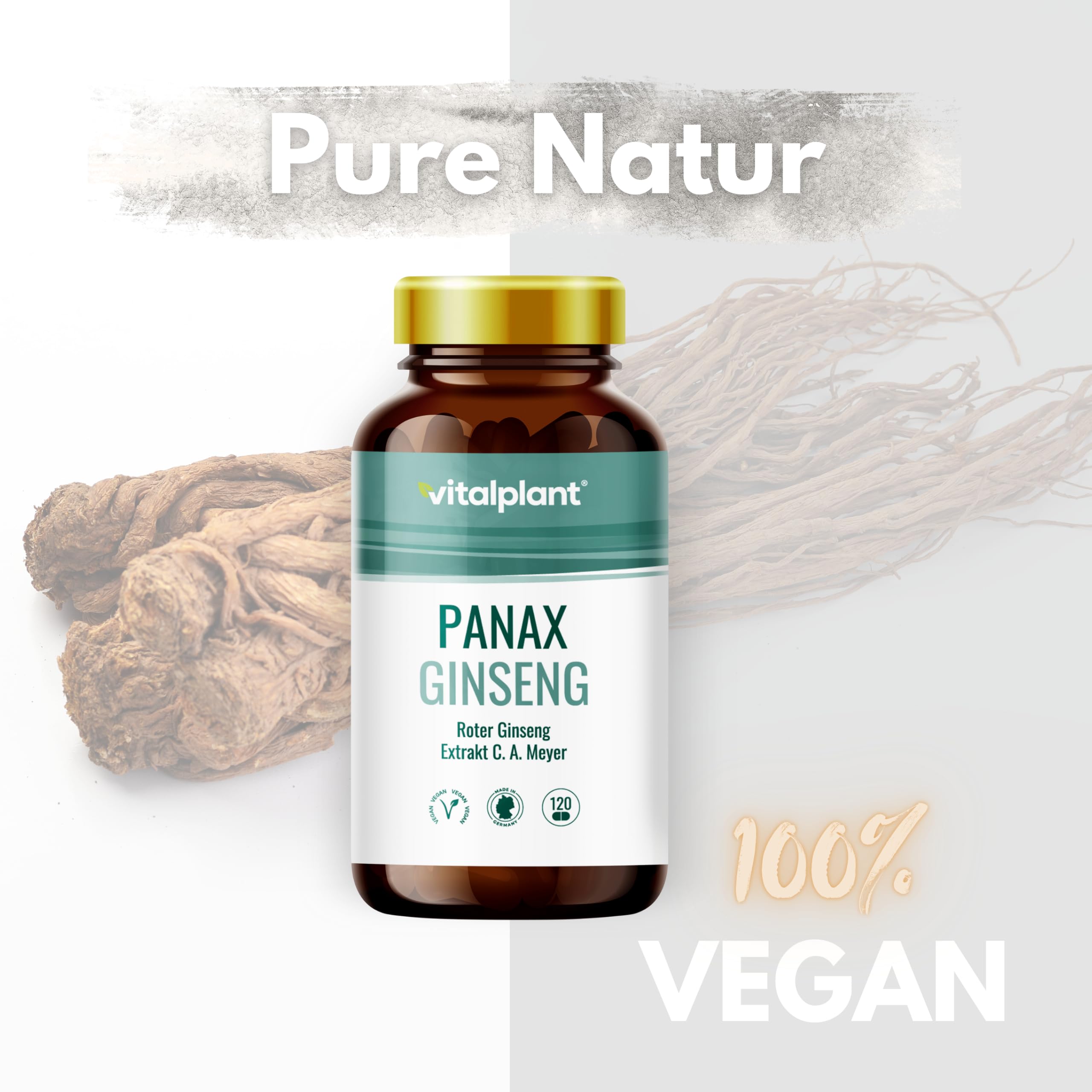 Vitalplant® Panax Ginseng C.A. Meyer im Braunglas | 500mg koreanischer roter Ginseng Extrakt mit 5% Ginsenoside | Hergestellt in pharmazeutischer Manufaktur in Deutschland | 120 vegane Kapseln