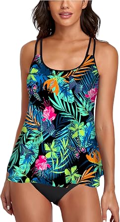 Omichic Modest Tankini Sets for Womens Swimsuits 2 Piece Athletic Bathing Suits Flowy Tank Top with Mid-Waist Bikini Bottom