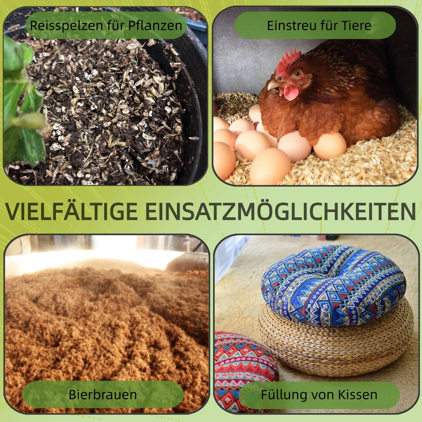 YIHAKIDS Reisspelzen 60L, Natürlich Gesunde Reishülsen für Pflanzen, Gartenbau, Geflügel, Gewächshäuser丨Organisch Einstreu-Zusatz für Wachteln, Hühner, Hamster丨Reisschalen für Blumen, Pflanzendünger