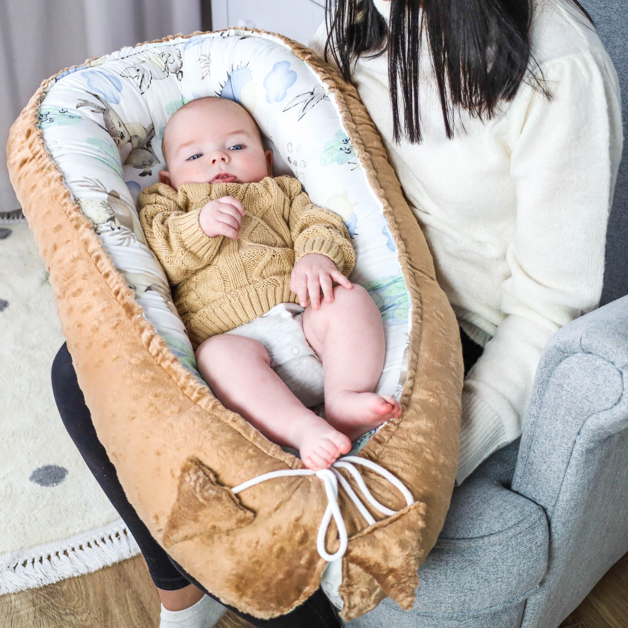 Riduttore lettino neonato - 90x50 cm nido culla pod cocoonababy babynest antisoffoco per bambina e bambino baby nest per neonati Tonalità kaki riccio B