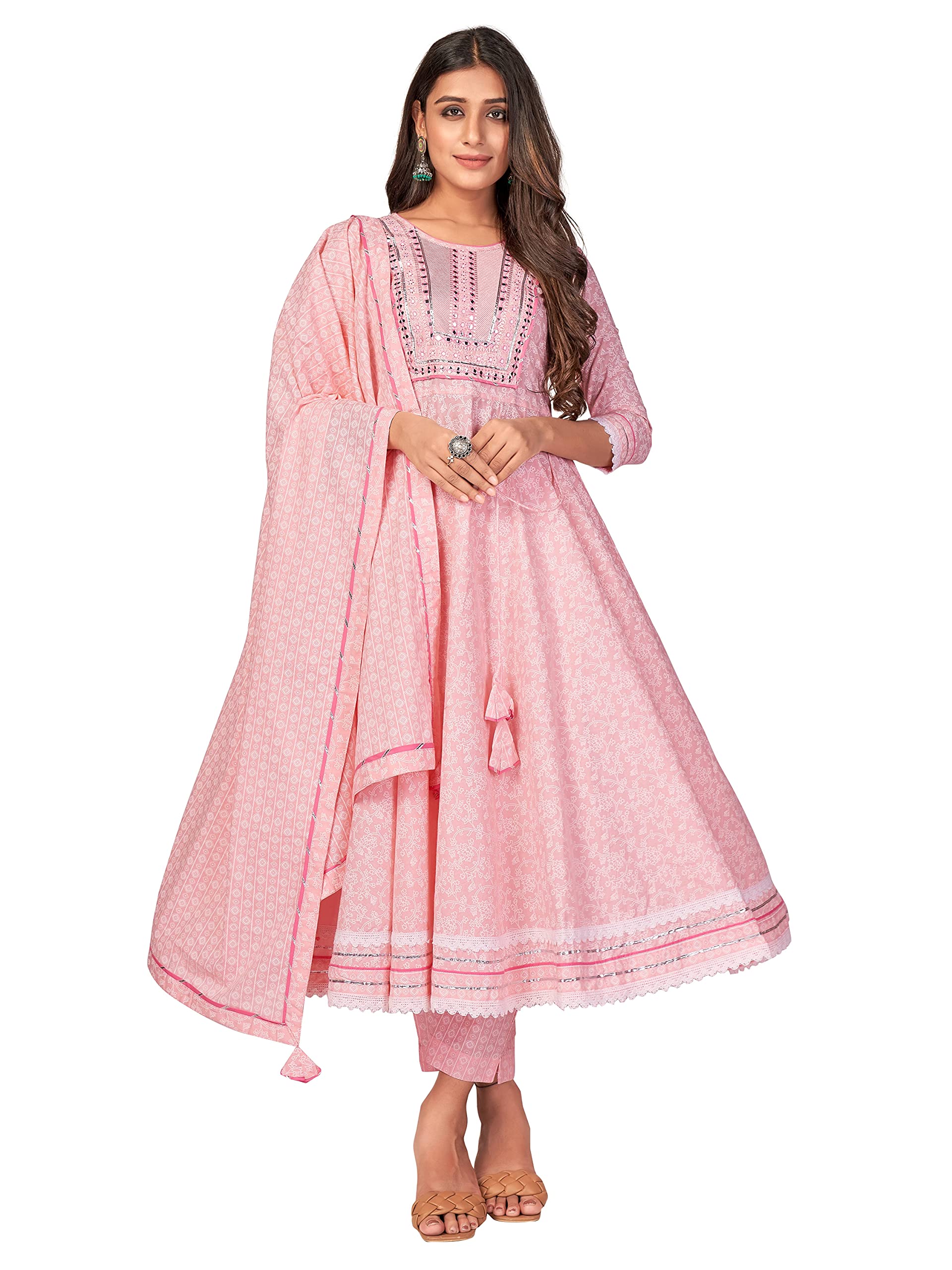 VbuyzWomen's Printed & Mirror Work Anarkali Cotton Baby Pink Kurta with Pant & Dupatta (VF-KU-1062-SKD)