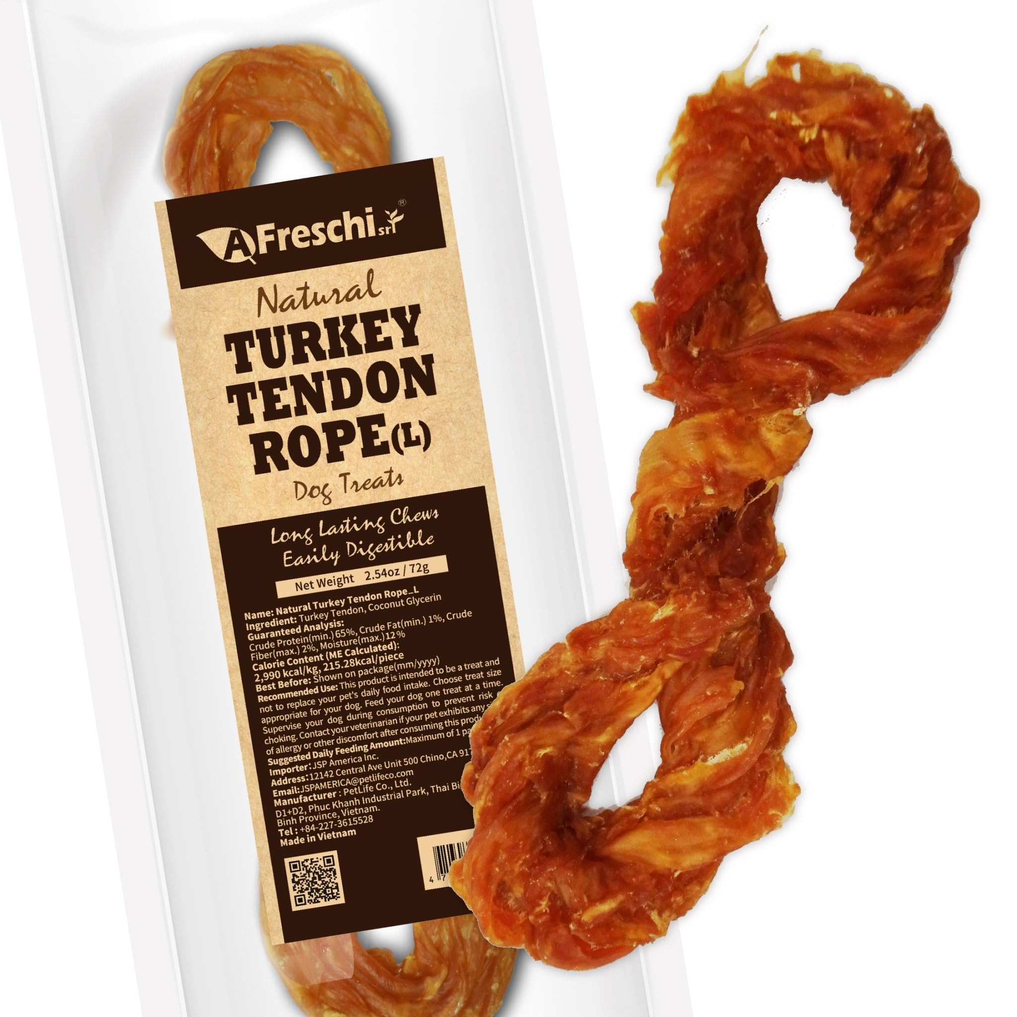 Afreschi Natural Turkey Tendon Rope (L) 1 Unit per Pack, Dog Treats for Signature Series, All Natural Human Grade Puppy Chew, USA-Sourced Turkey Tendon, Hypoallergenic, Rawhide Alternative