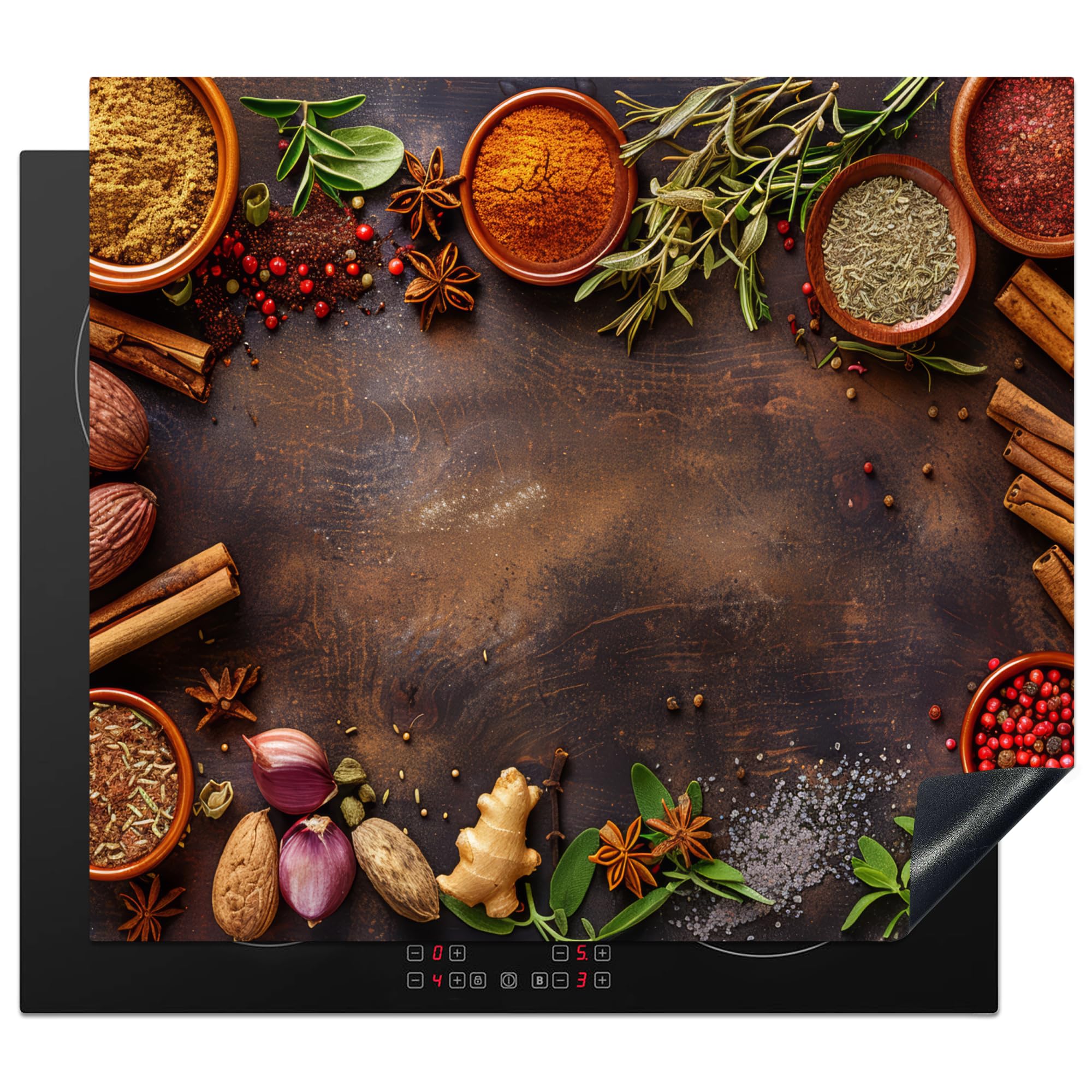 KitchenYeah© Induction Hob Protector Mat 20.1"x23.2" / 59x51 cm Cooker Top Protectors Cover Ceramic Covers Electric Hobs Vinyl Spices - Herbs - Cinnamon Sticks - Wood Print — image 1
