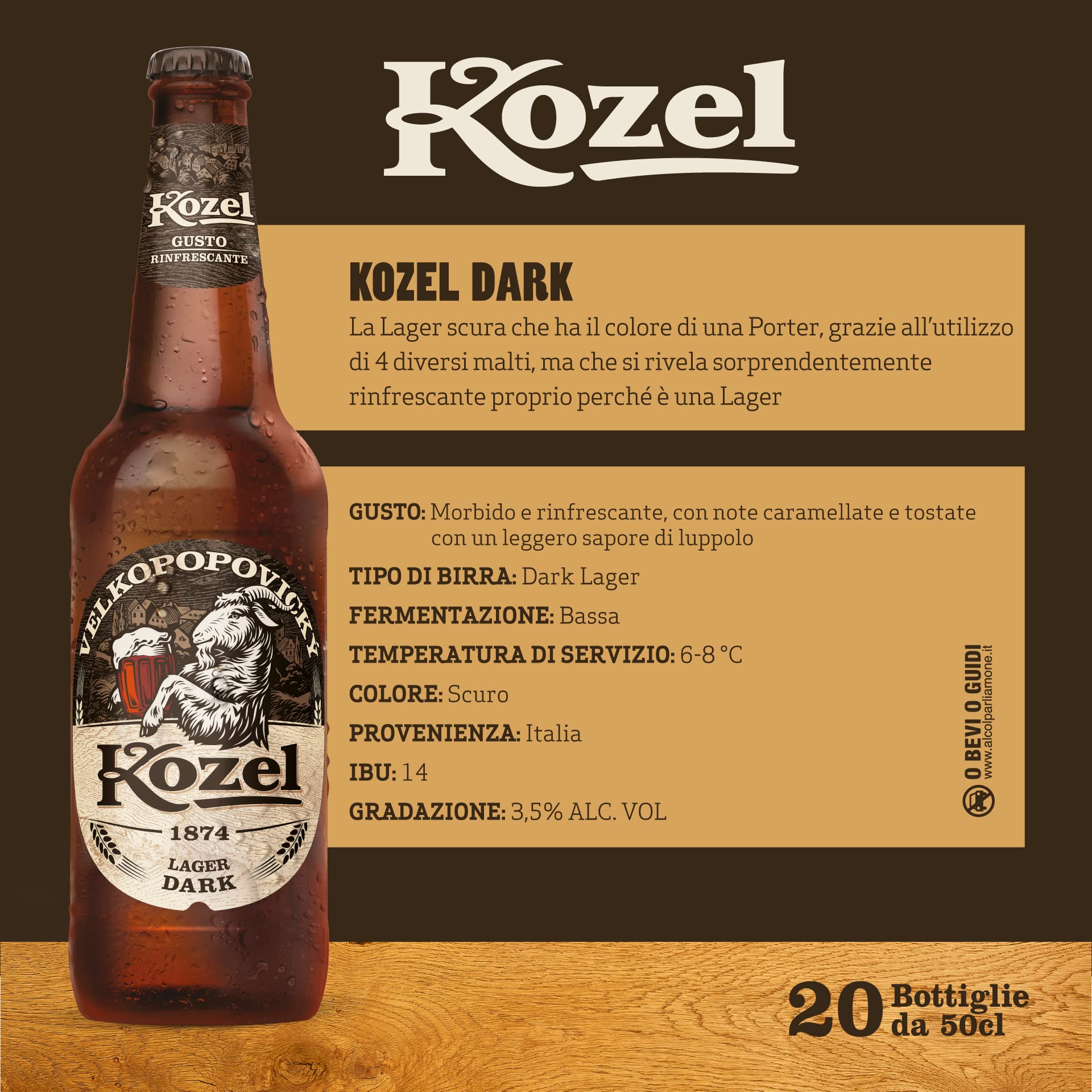 Kozel Birra Lager Dark, Cassa Birra con 20 Birre in Bottiglia da 50 cl, 10 L, Gusto Morbido e Rinfrescante, Gradazione Alcolica 3.5% Vol