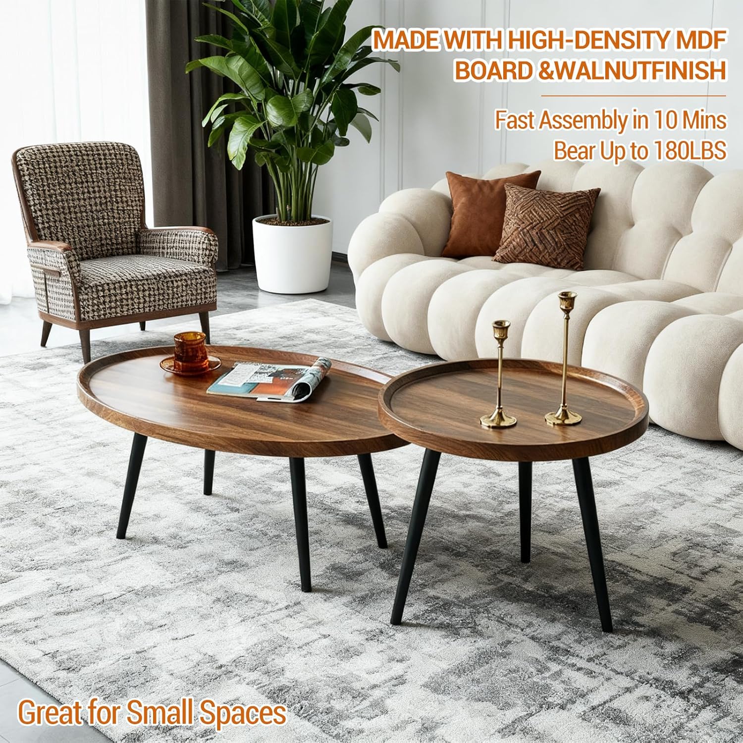 Garvee Nesting Coffee Table Set of 2, 2-Piece Walnut Coffee Tables, Mid Century Modern Nesting Side Tables for Living Room, End Table for Small Spaces Sofa Bedside Balcony Walnut