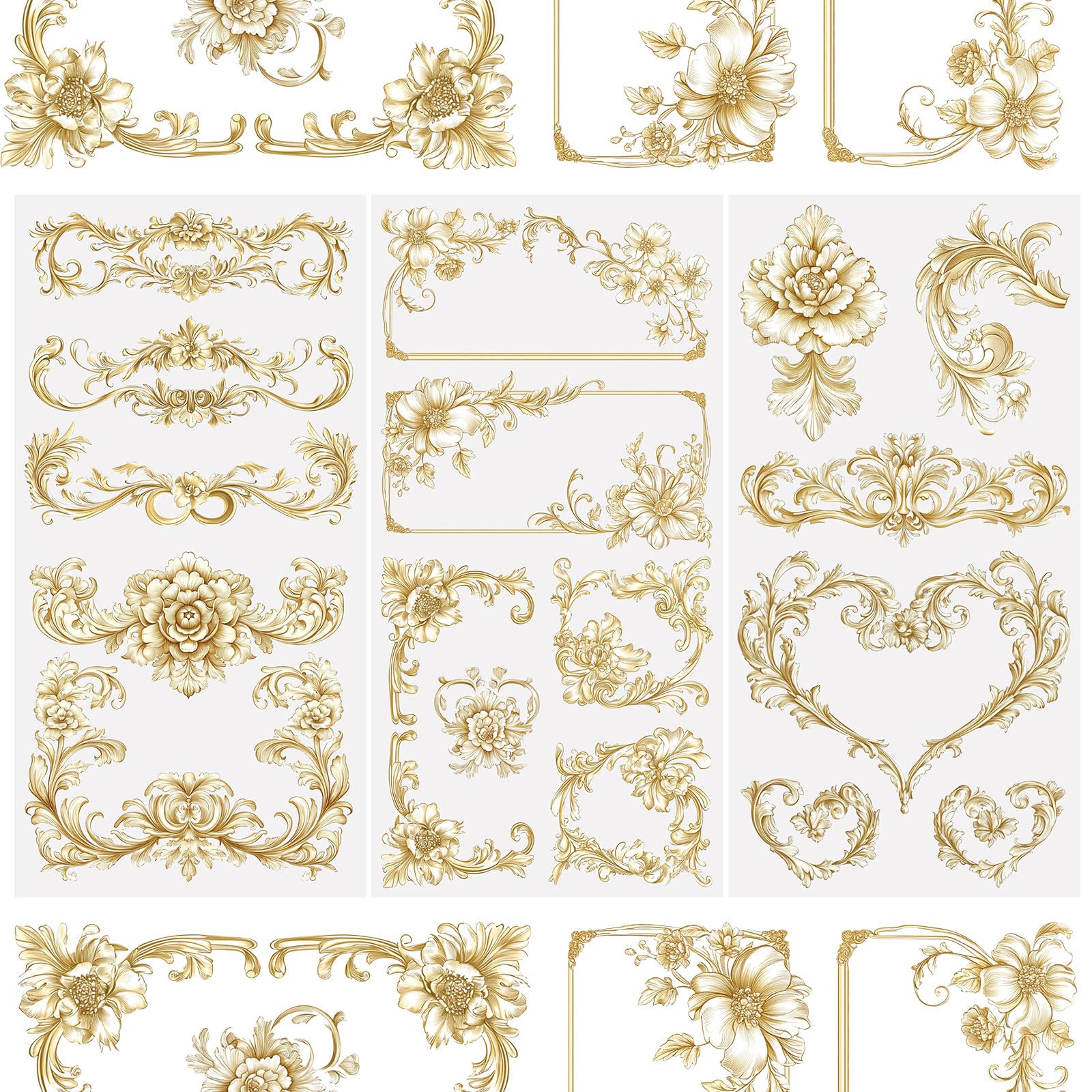 WANDIC 3 Sheets Flower Gilding Rub On Transfer Stickers,Waterproof Decals DIY Pasters for Decoration,15 * 30cm