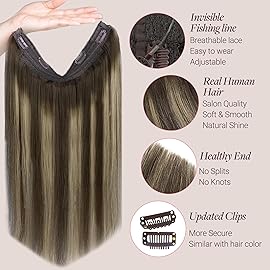 GOO GOO Wire Hair Extensions Human Hair, 4/26/4 Chocolate Brown with Honey Blonde Balayage 14inch 105g, Invisible Wire Hair Extensions with Transparent, Seamless Fish Line Hairpiece