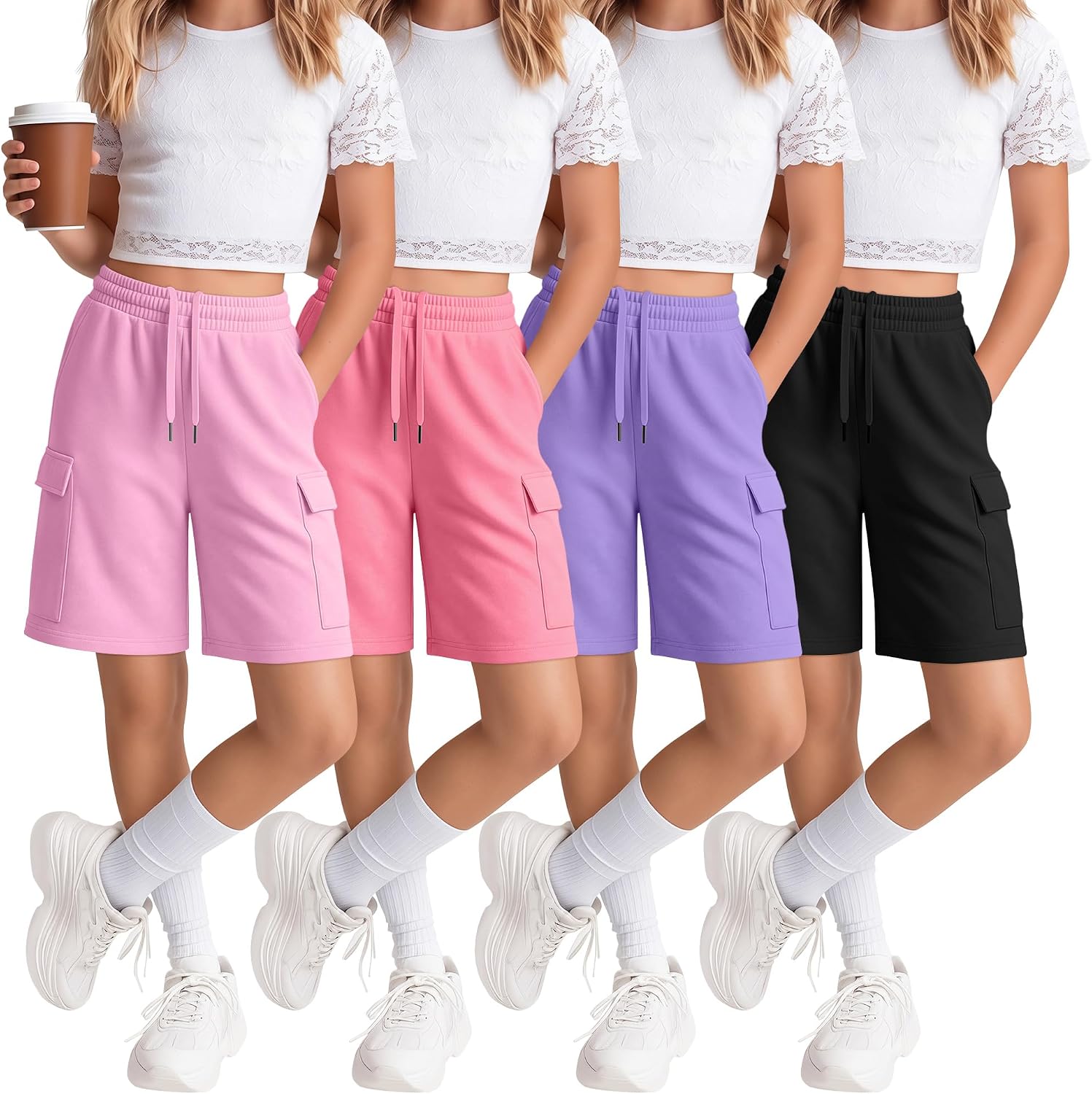 4 Pack Girls Cargo Shorts Teen Bermuda Knee Length Long Shorts Kids Elastic Athletic Shorts with 4 Pockets 5-14Y